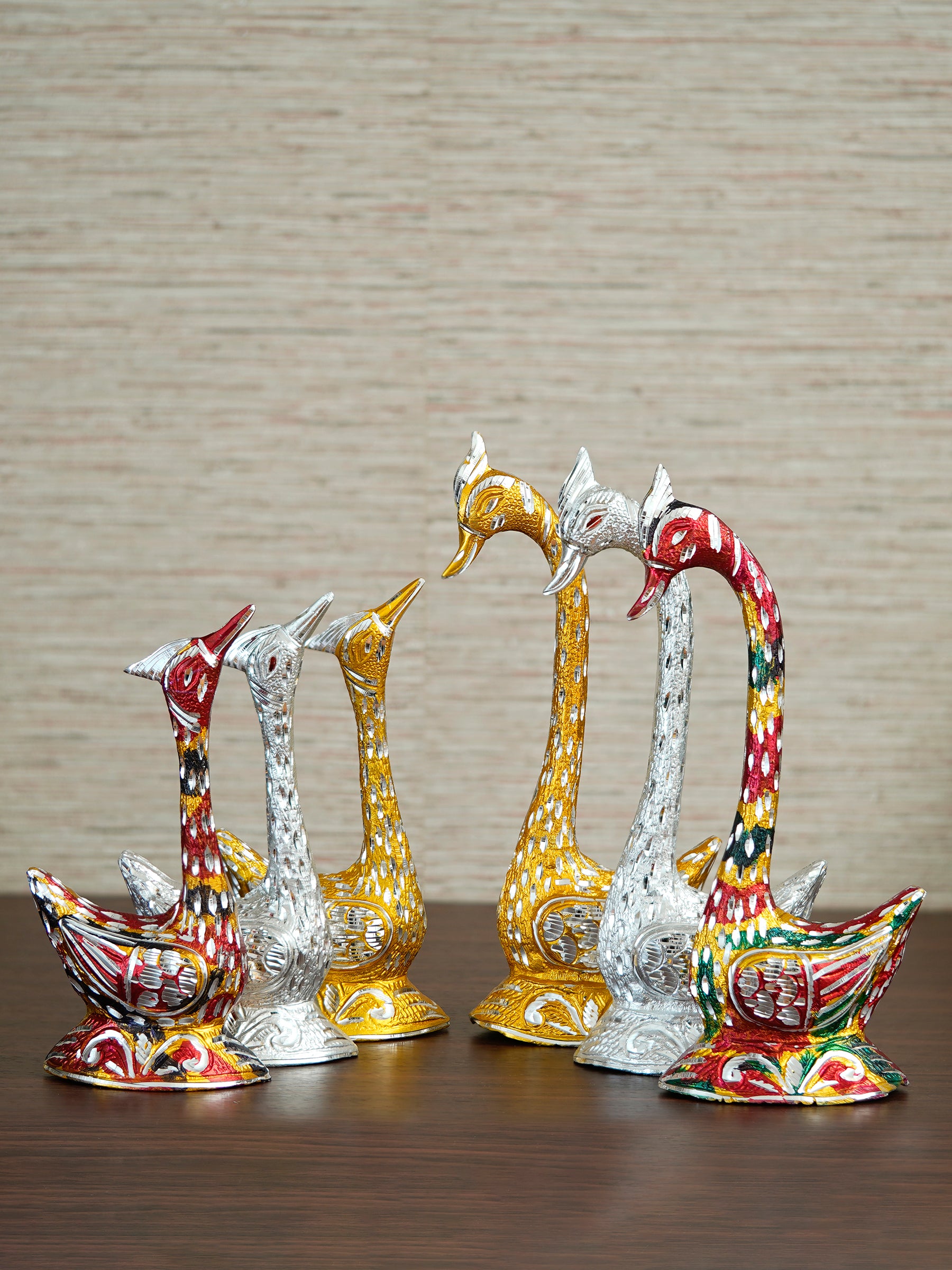 Set of Three Kissing Swan Couple Handcrafted Decorative Figurine(Colorful, Golden, Silver)