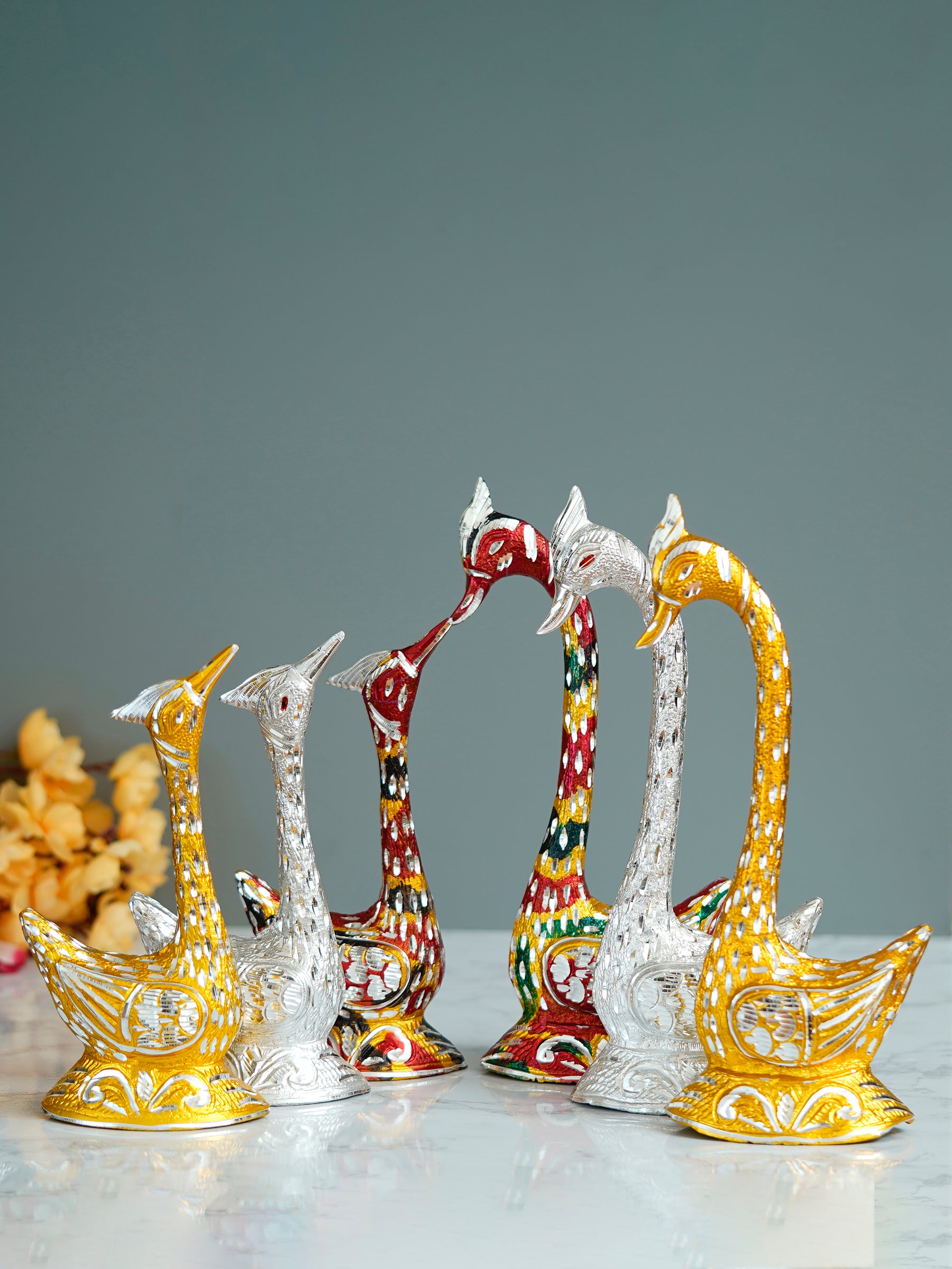 Set of Three Kissing Swan Couple Handcrafted Decorative Figurine(Colorful, Golden, Silver) 1