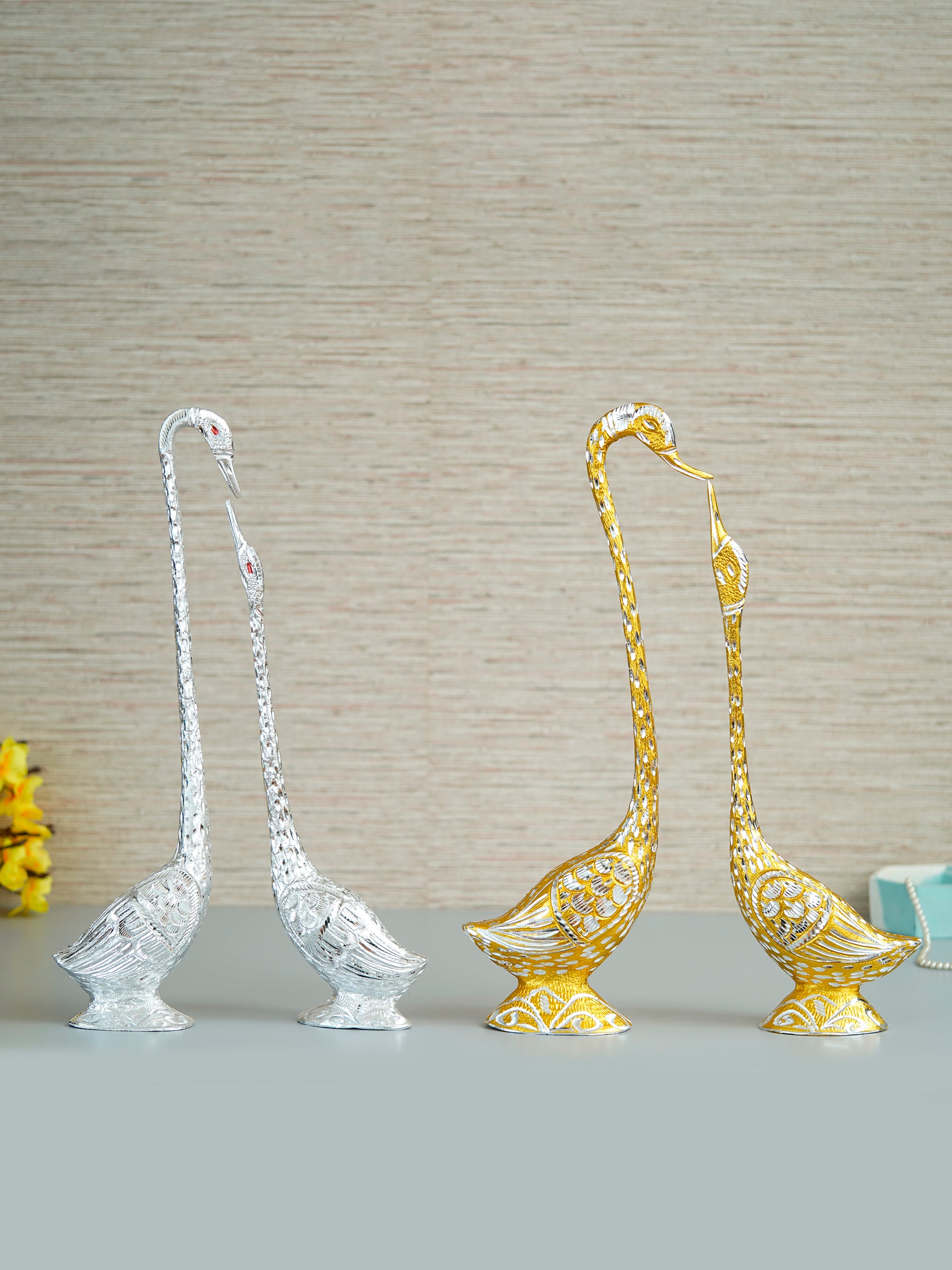Set Of Two Golden And Silver Kissing Swan Couple Handicrafted Decorative Figurine