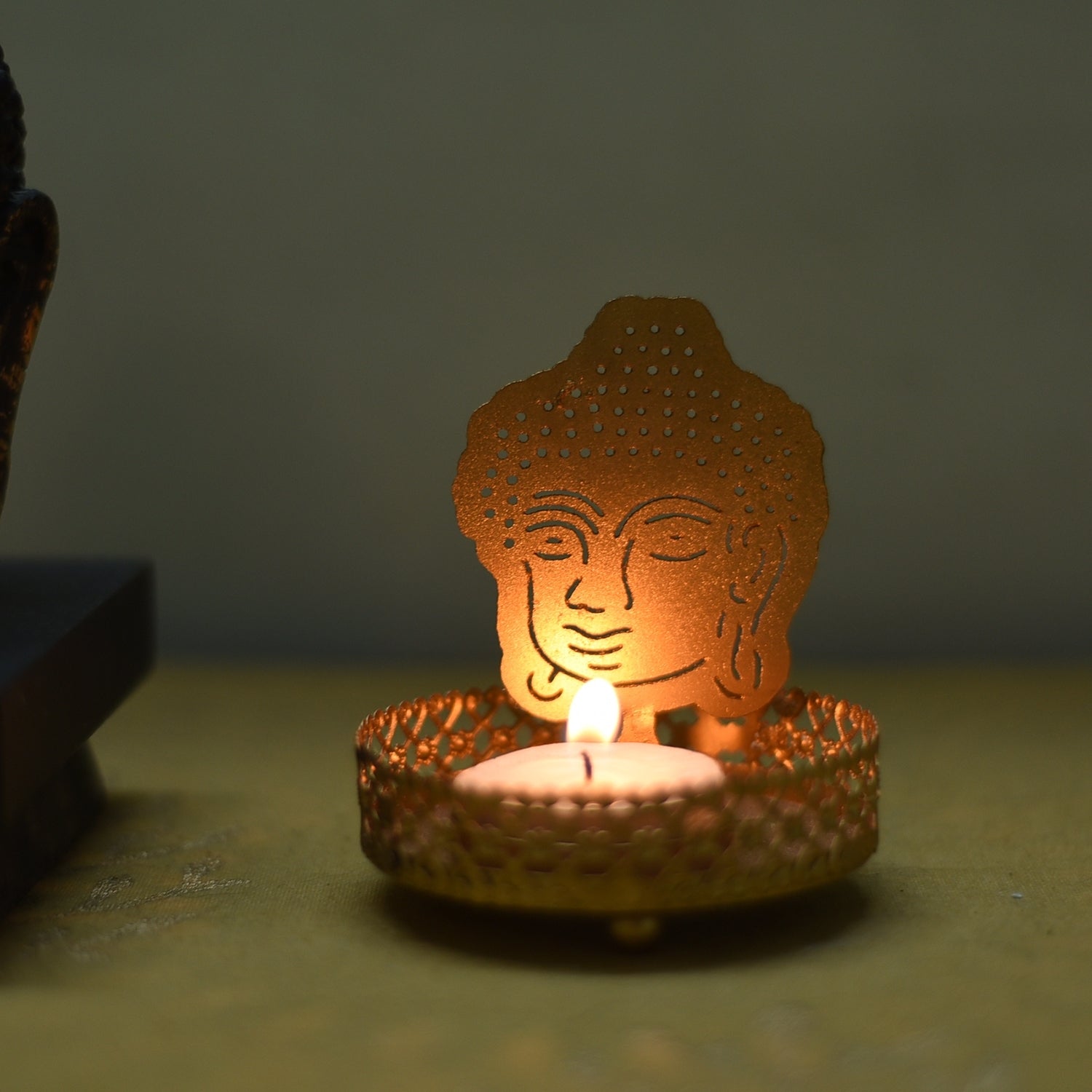 Metal Golden Shadow Lord Buddha tea light candle holder