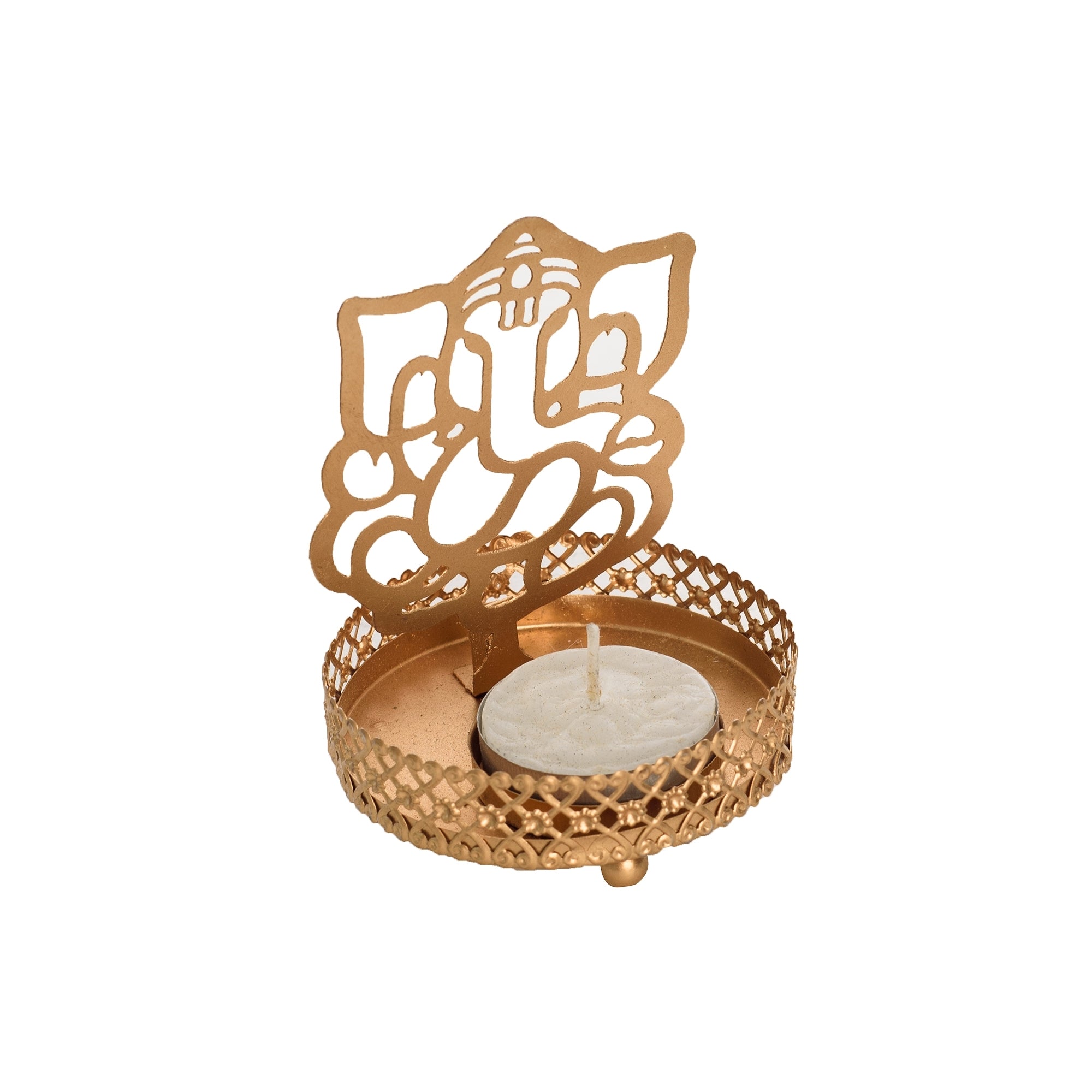 Metal Golden Lord Ganesha tea light candle holder that cast shadows 4