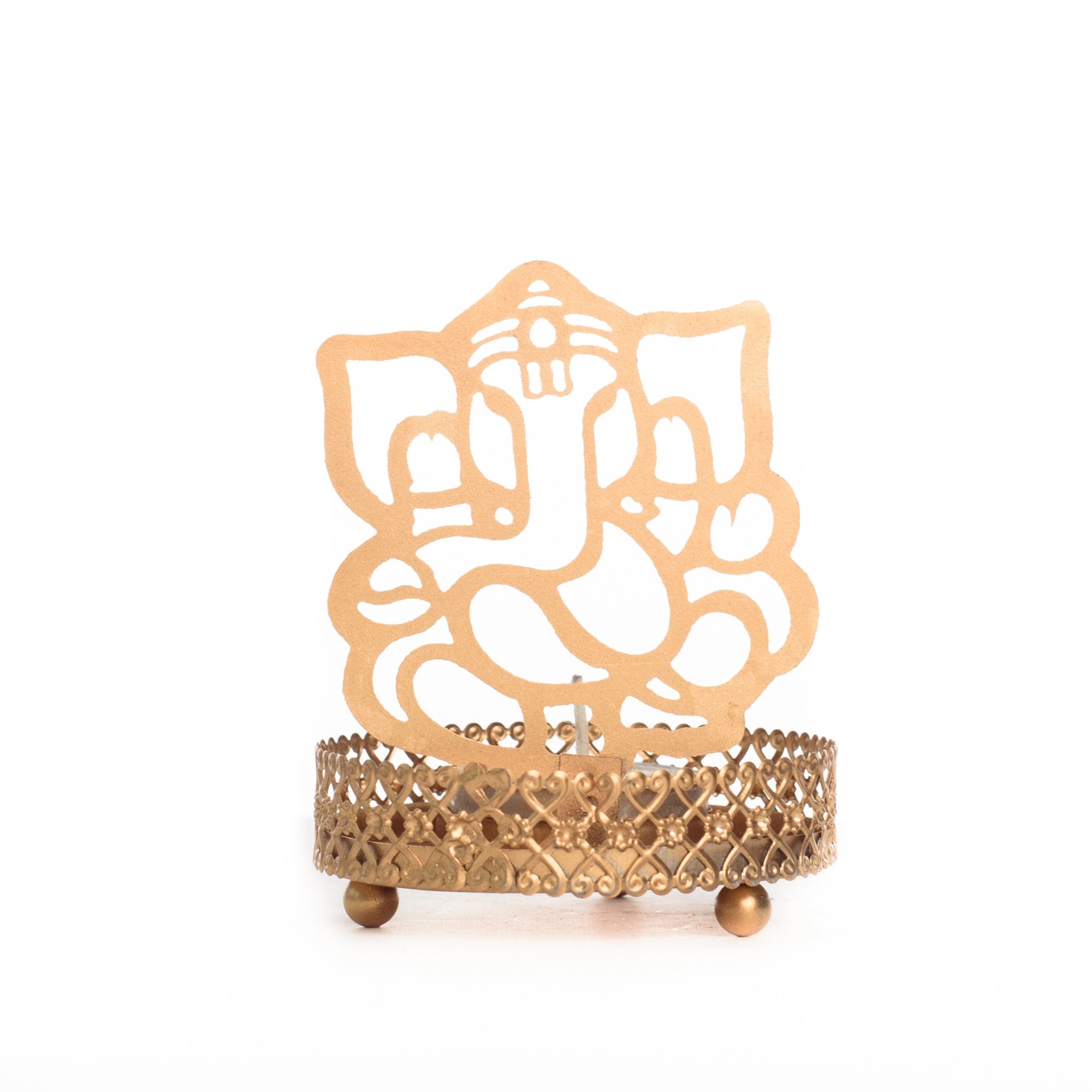 Metal Golden Lord Ganesha tea light candle holder that cast shadows 5