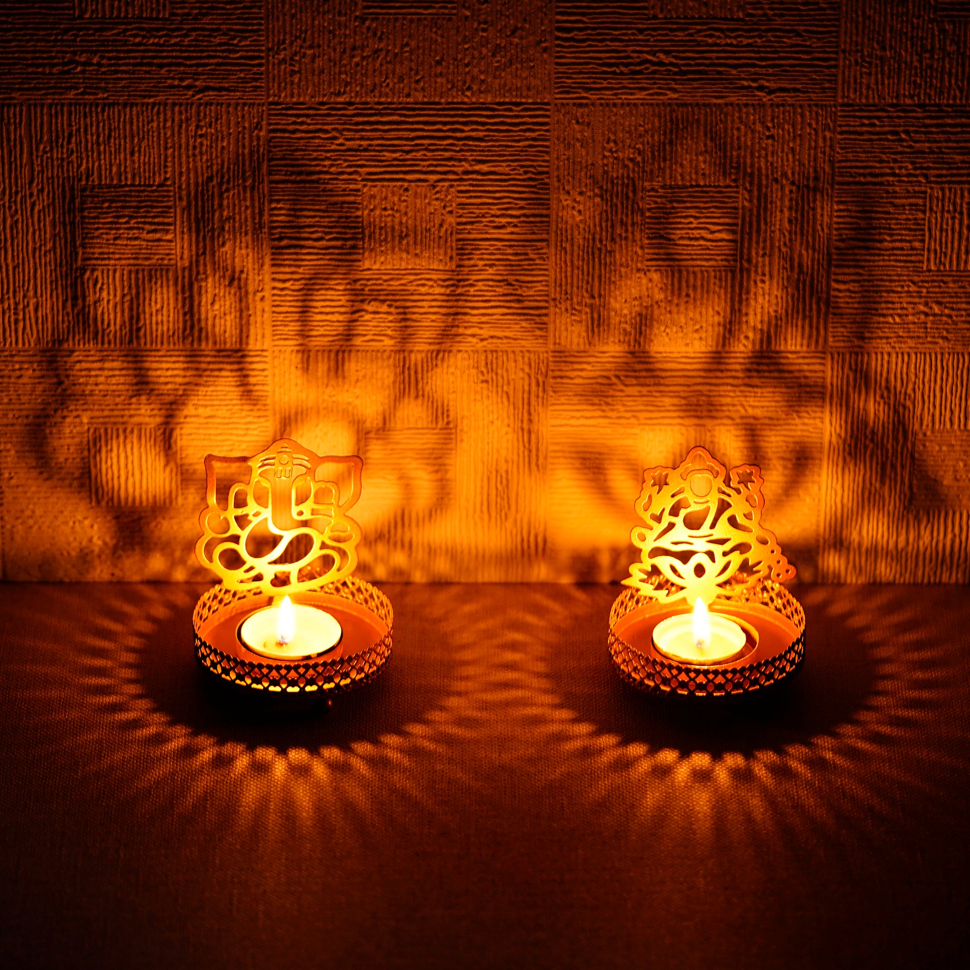 Set of 2 Ganesha and Laxmi Shadow Tea Light Holder