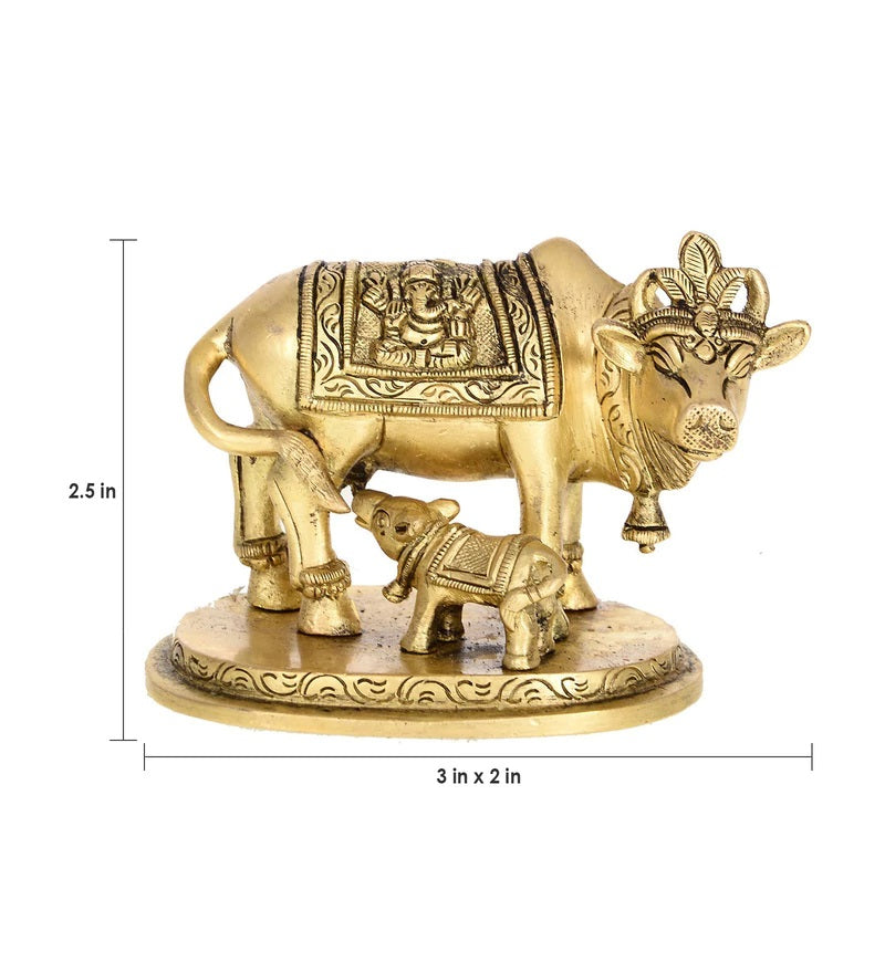 Golden Brass Holy Kamdhenu Cow and Calf Statue 3