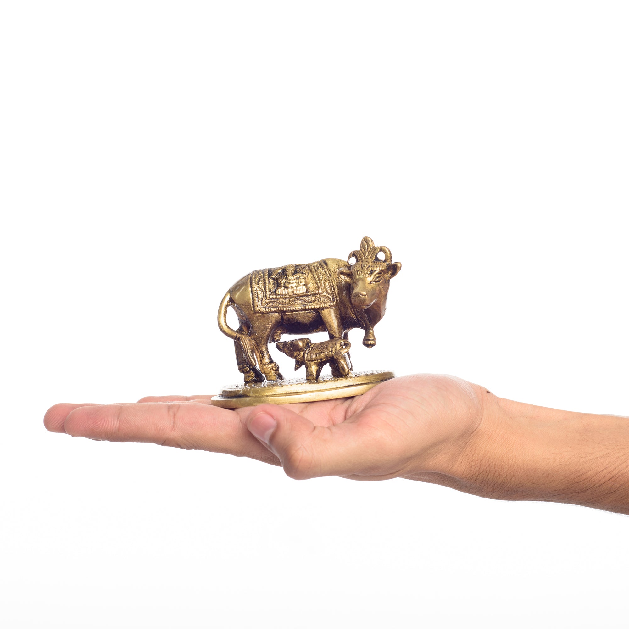 Golden Brass Holy Kamdhenu Cow and Calf Statue 5