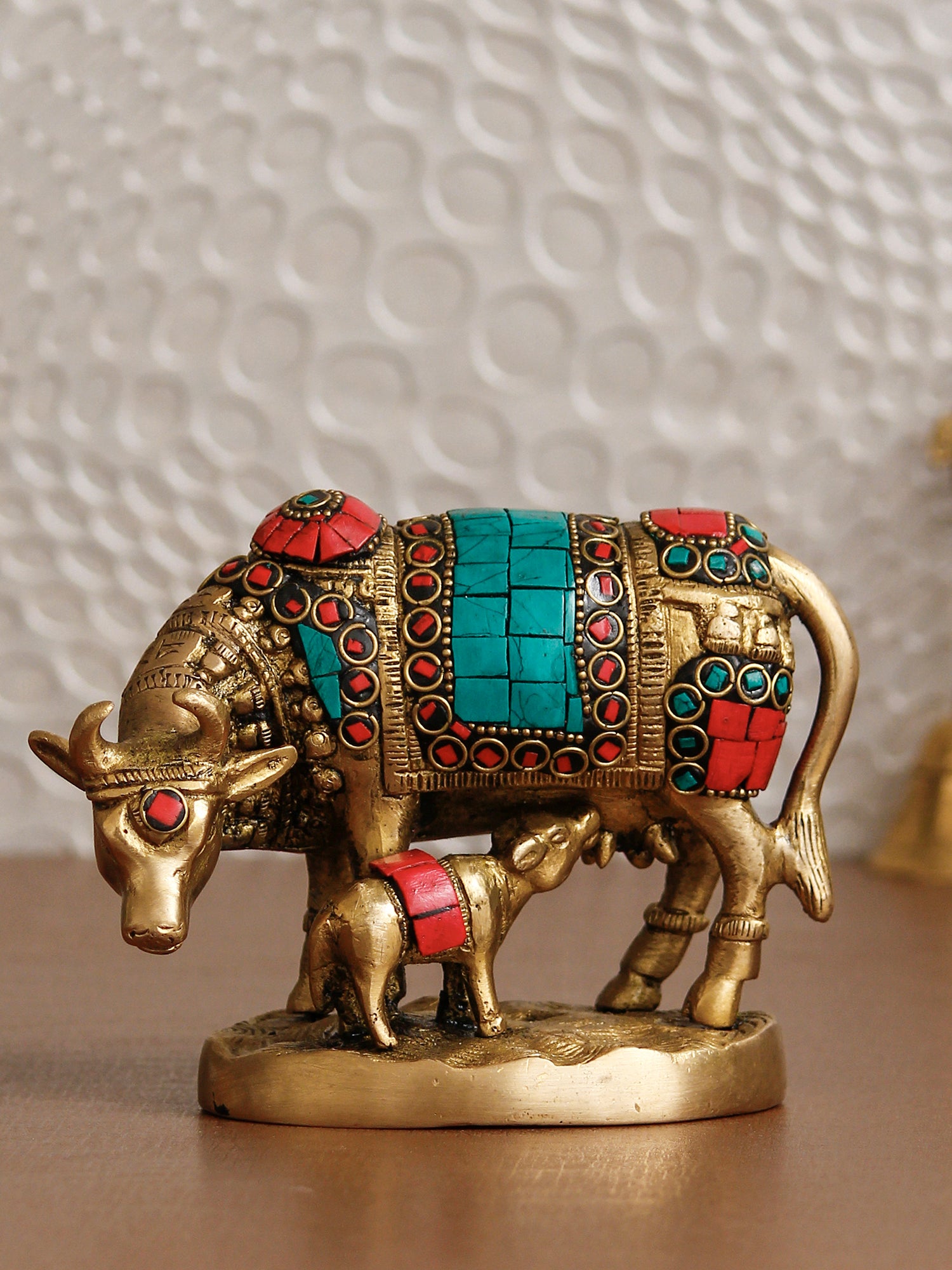 Gold, Green and Red Handcrafted Stone Work Brass Cow and Calf Idol Animal Figurine
