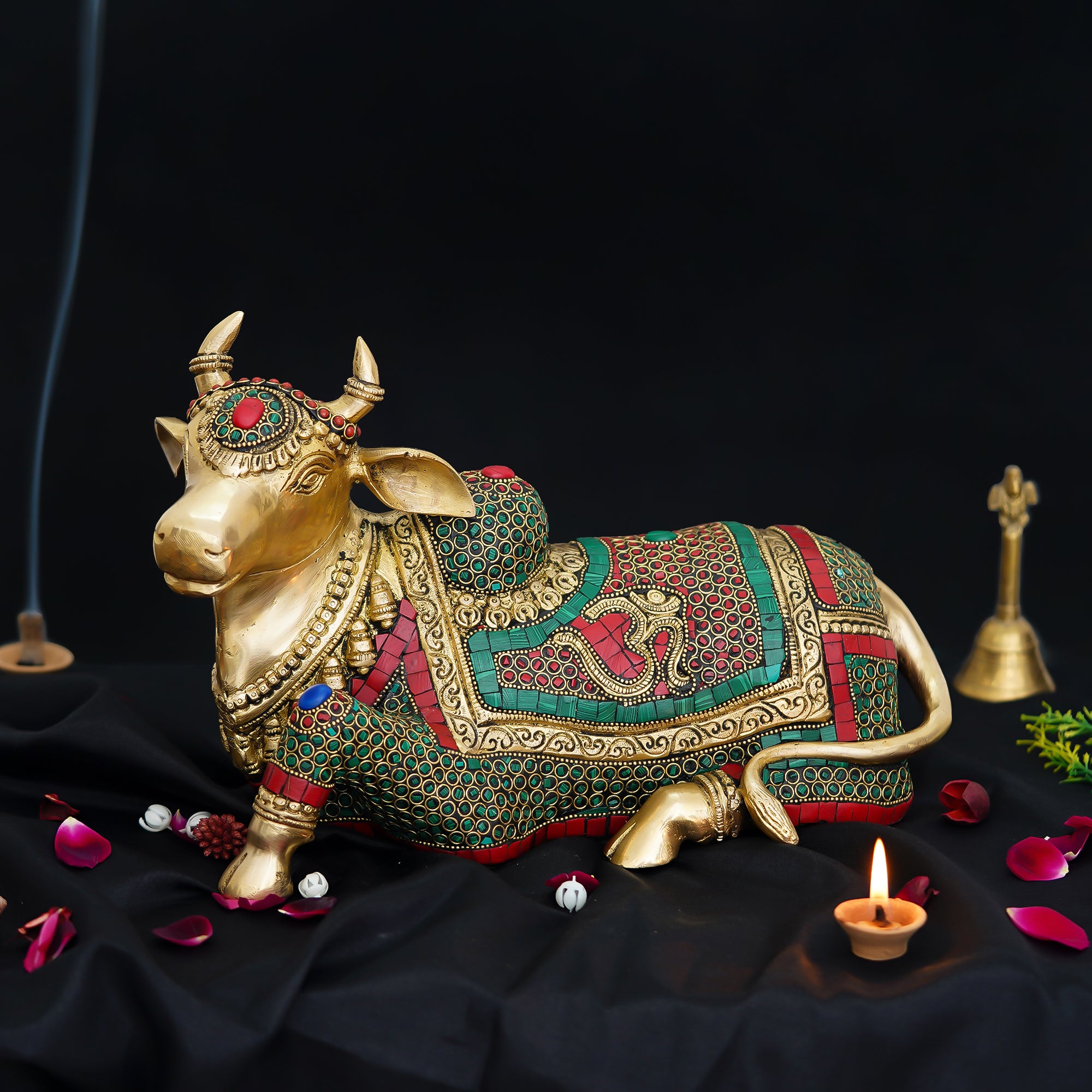 Colorful Stone Work Handcrafted Brass Holy Kamdhenu Cow Idol 2