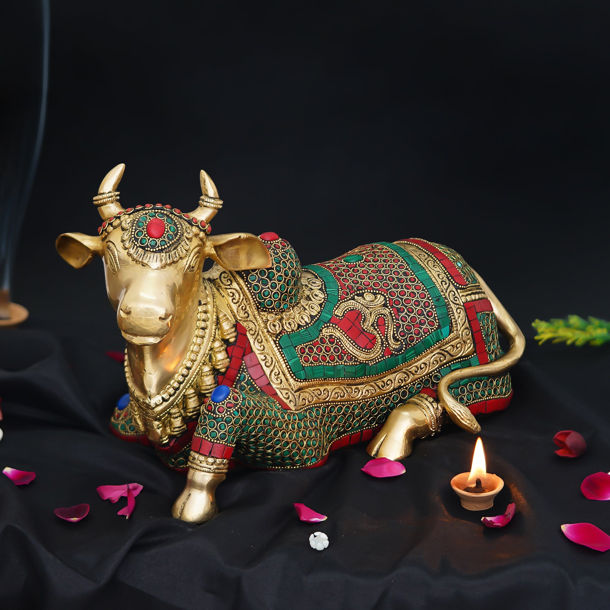 Colorful Stone Work Handcrafted Brass Holy Kamdhenu Cow Idol 3