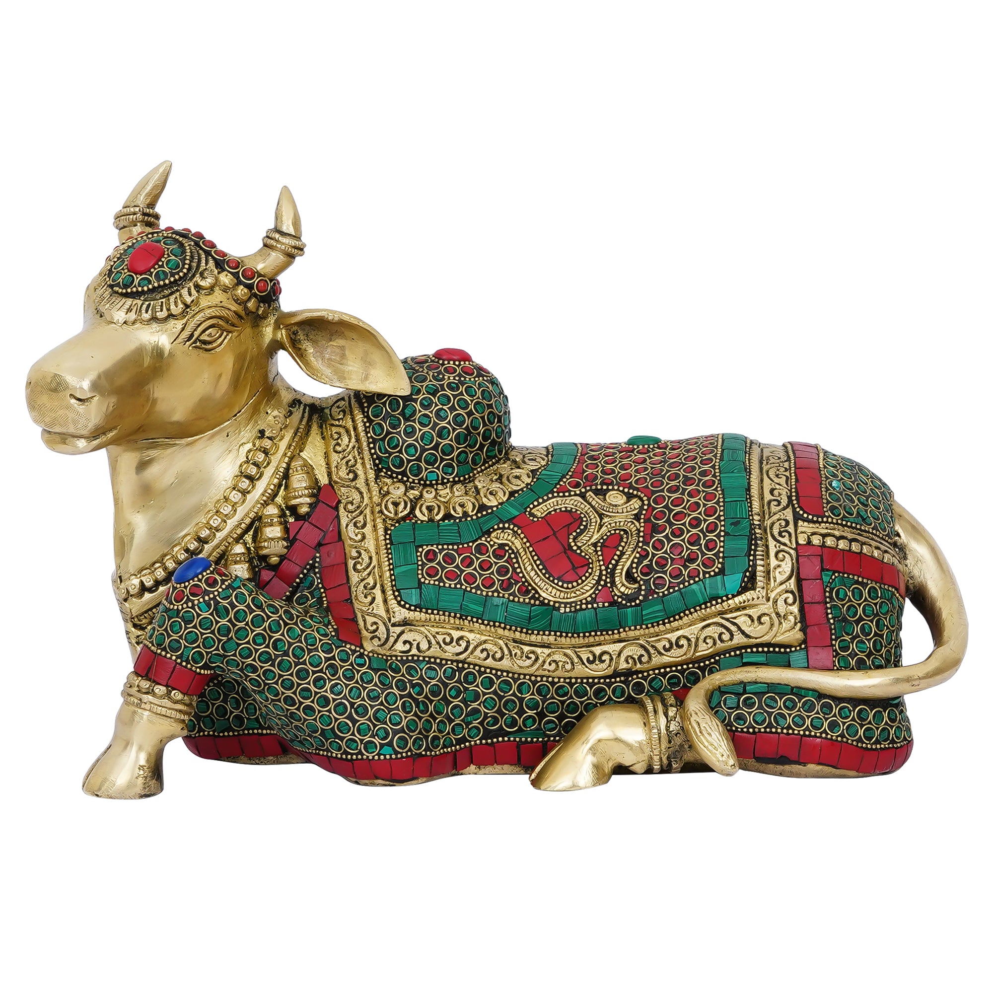 Colorful Stone Work Handcrafted Brass Holy Kamdhenu Cow Idol 4