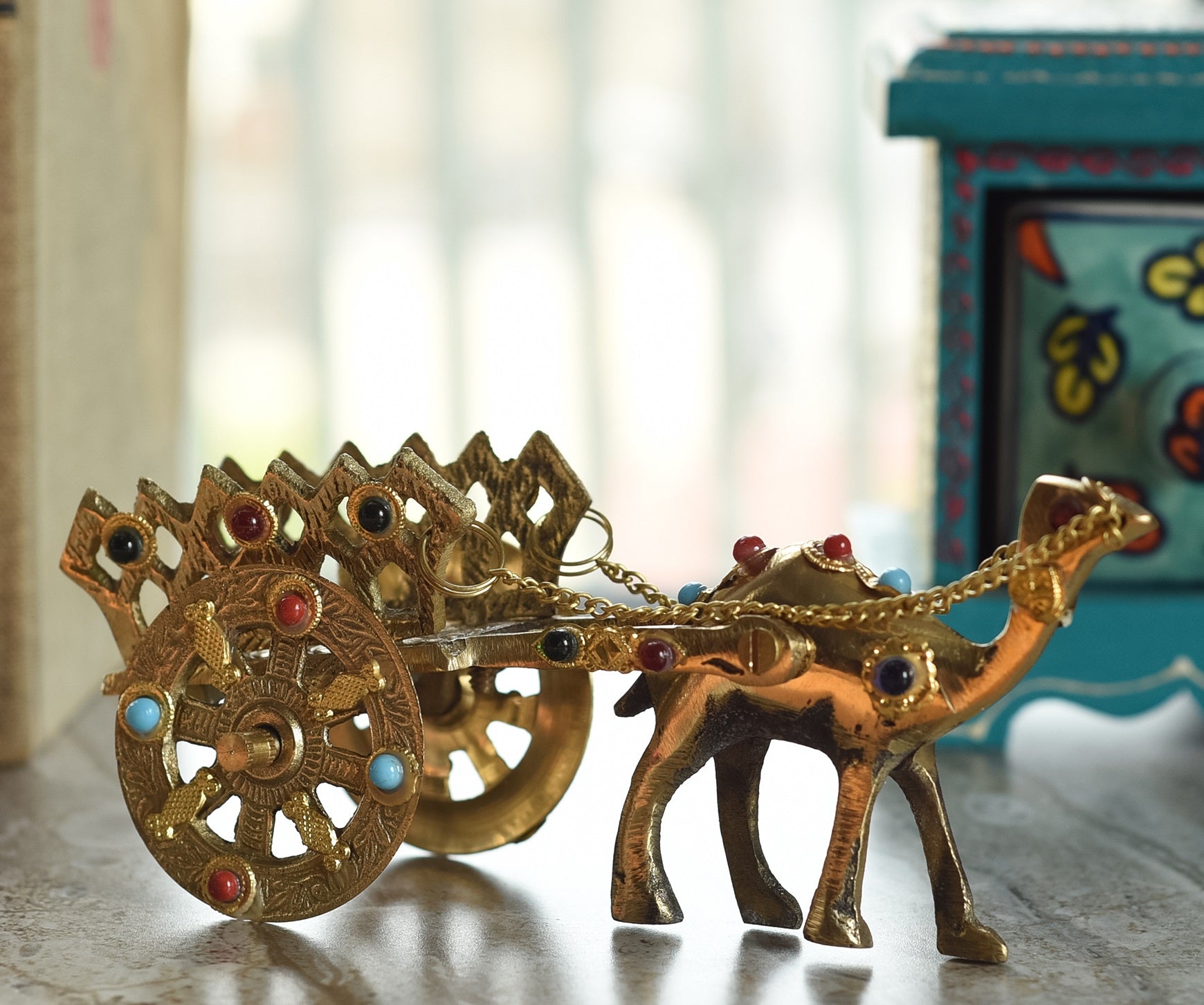 Gemstone Studded Pure Brass Golden Camel Cart Handicrafted Decorative Showpiece