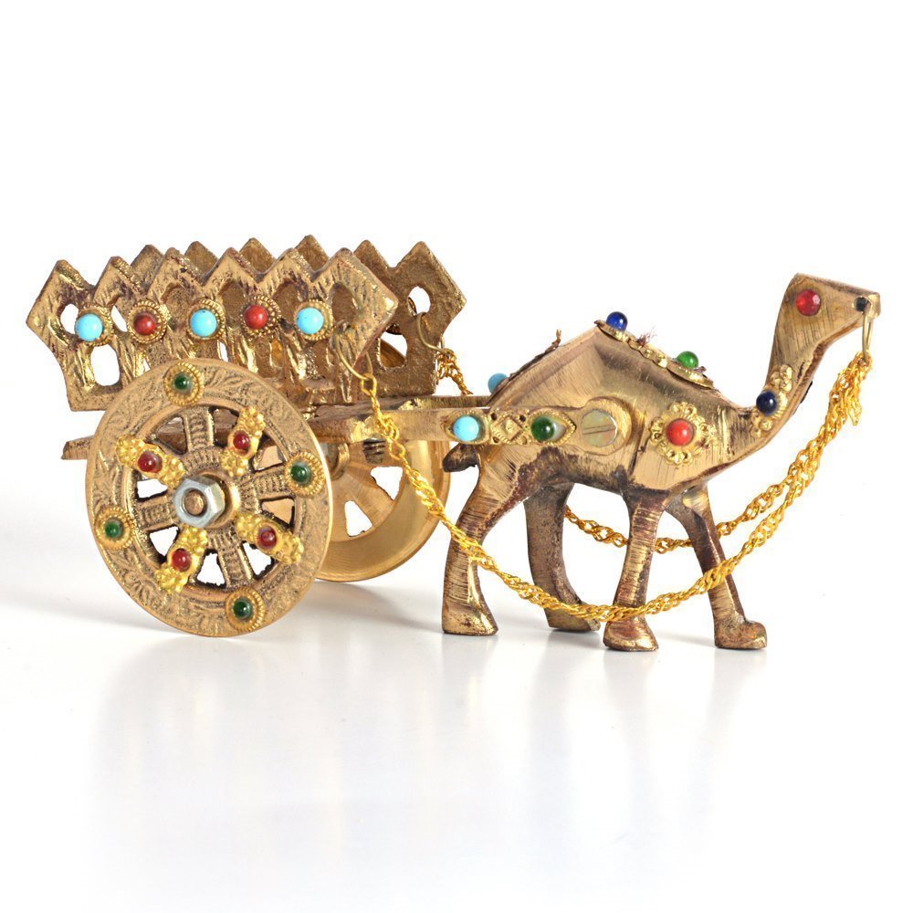 Gemstone Studded Pure Brass Golden Camel Cart Handicrafted Decorative Showpiece 1