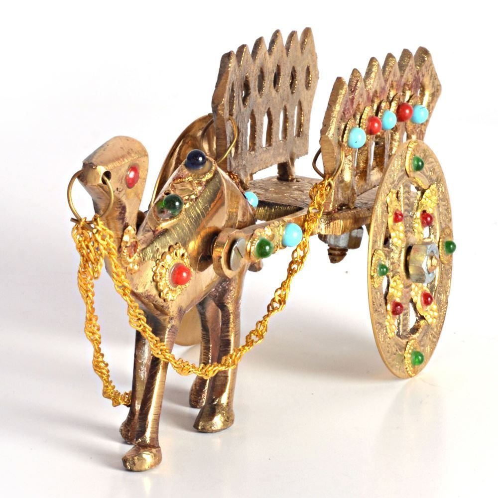 Gemstone Studded Pure Brass Golden Camel Cart Handicrafted Decorative Showpiece 3