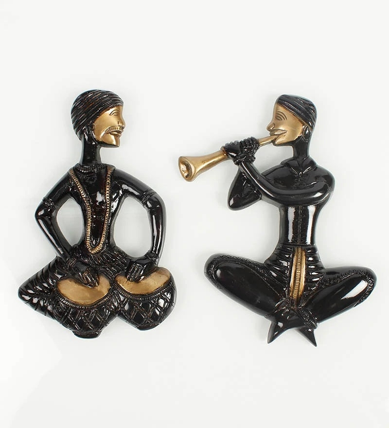Brass Set Of 2 Jugalbandi Musicians Wall Hanging