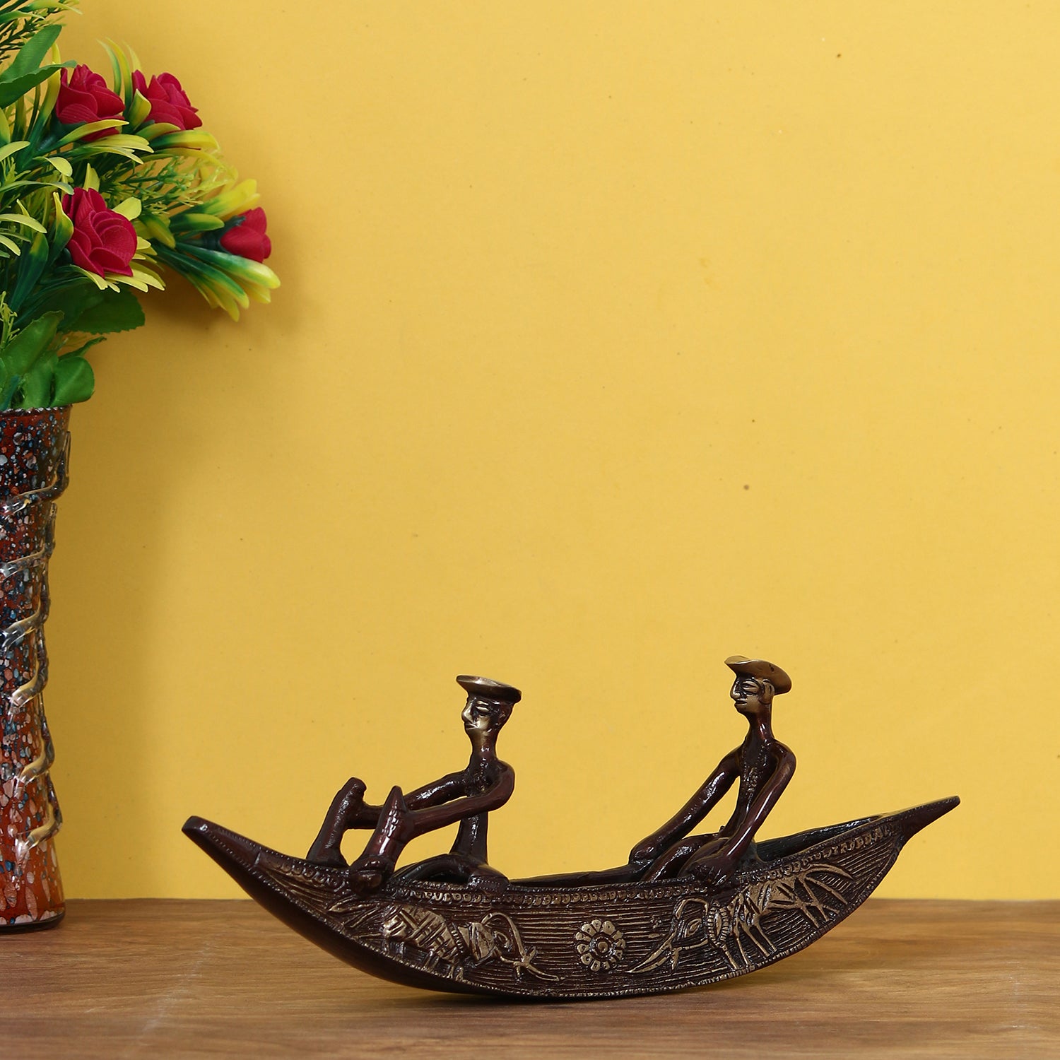 Brown Brass Antique Finish 2 Men in Boat Decorative Showpiece