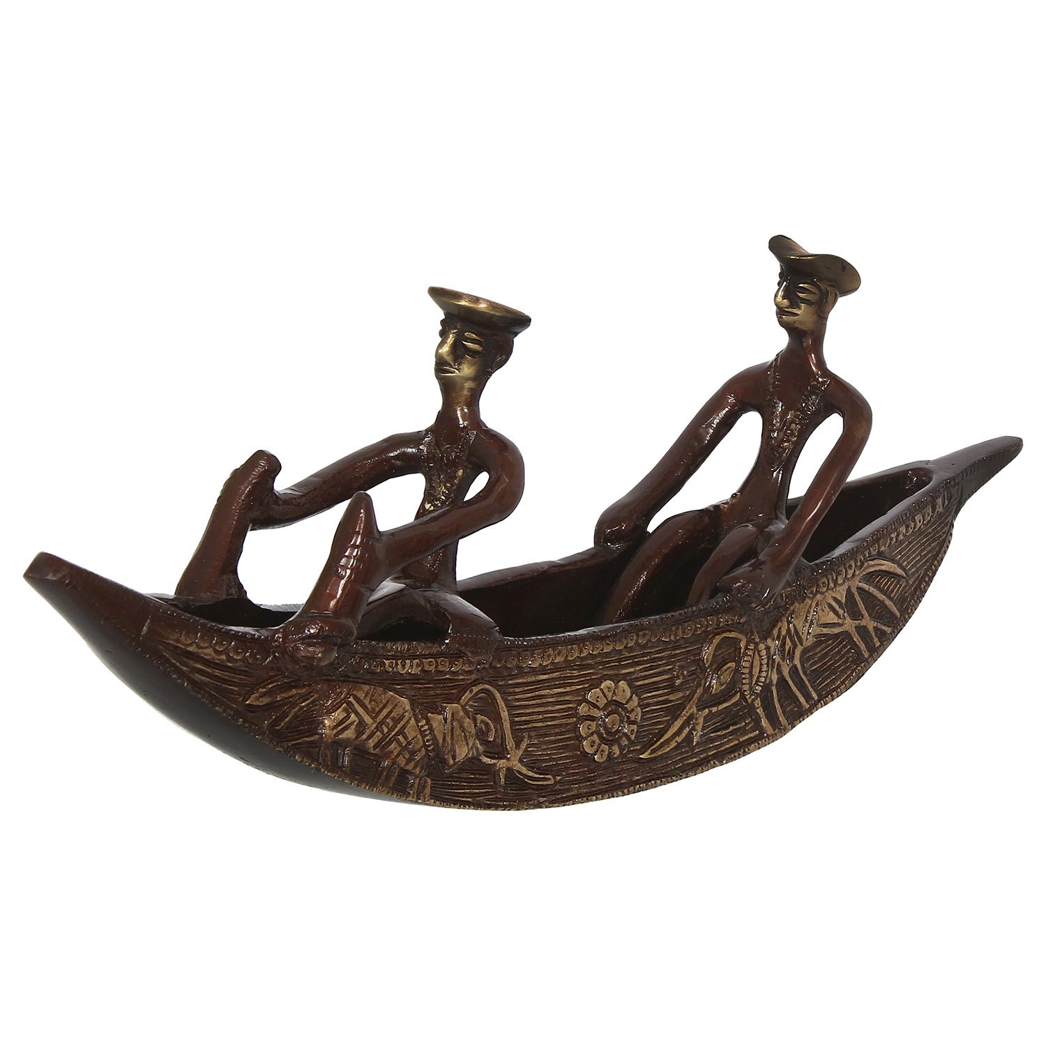 Brown Brass Antique Finish 2 Men in Boat Decorative Showpiece 2