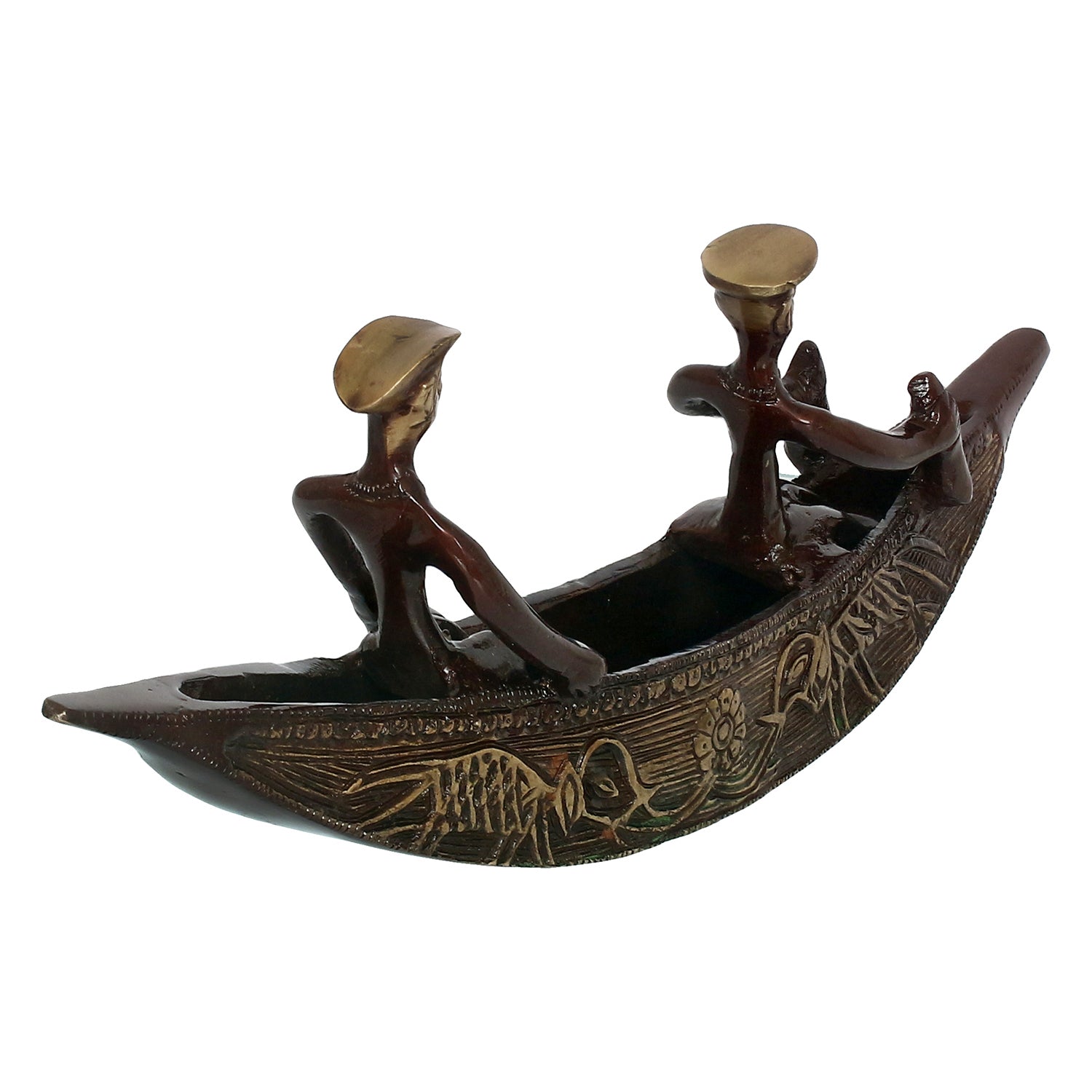 Brown Brass Antique Finish 2 Men in Boat Decorative Showpiece 5