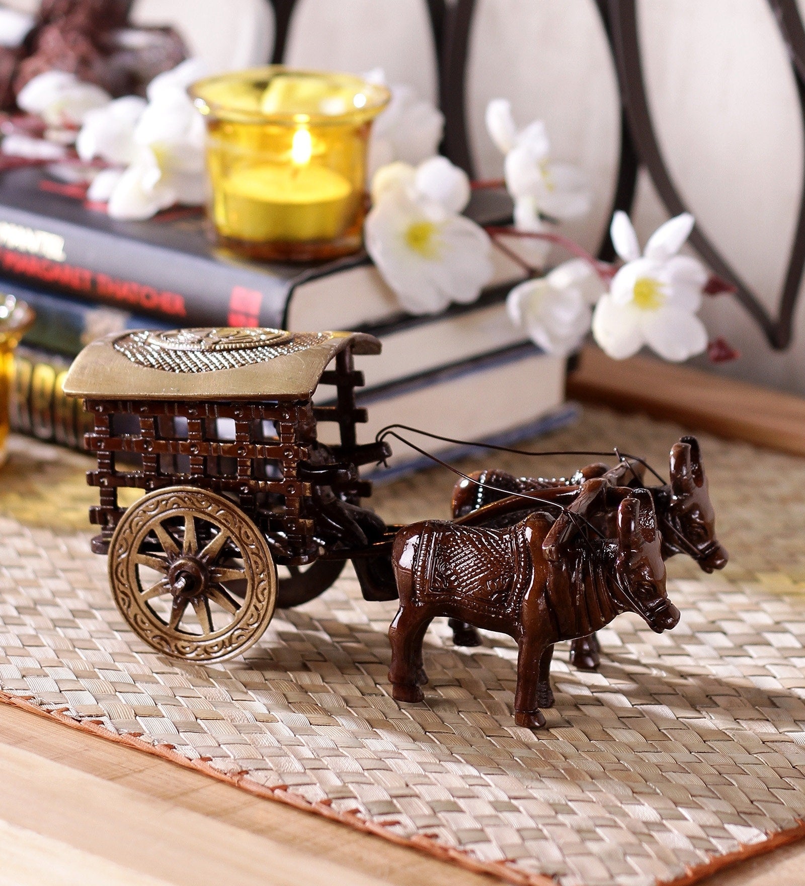 Brown Brass Antique Decorative Village Two Bulls Bullock Cart showpiece