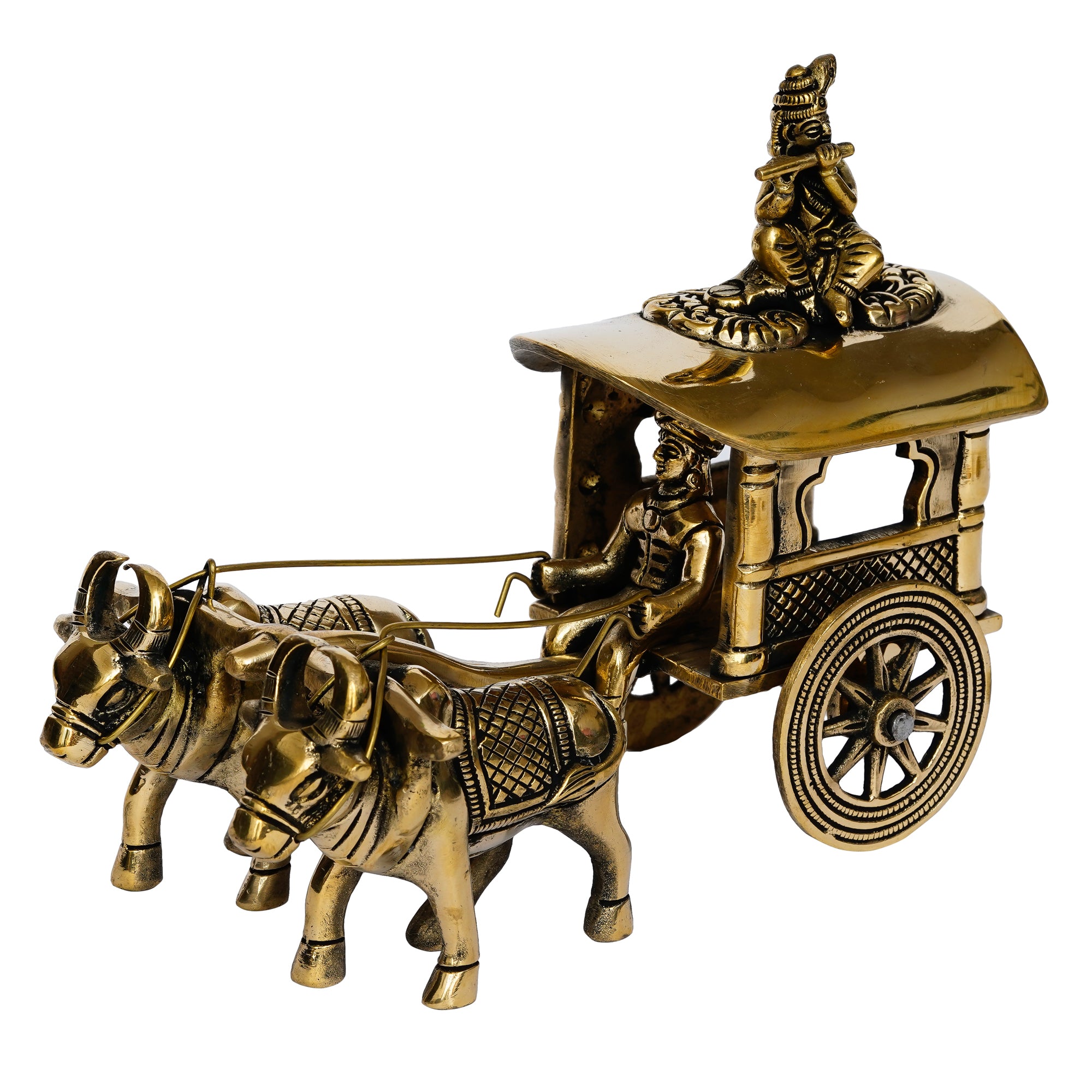 Golden Brass Lord Krishna Idol Sitting In Bullock Cart Showpiece 2