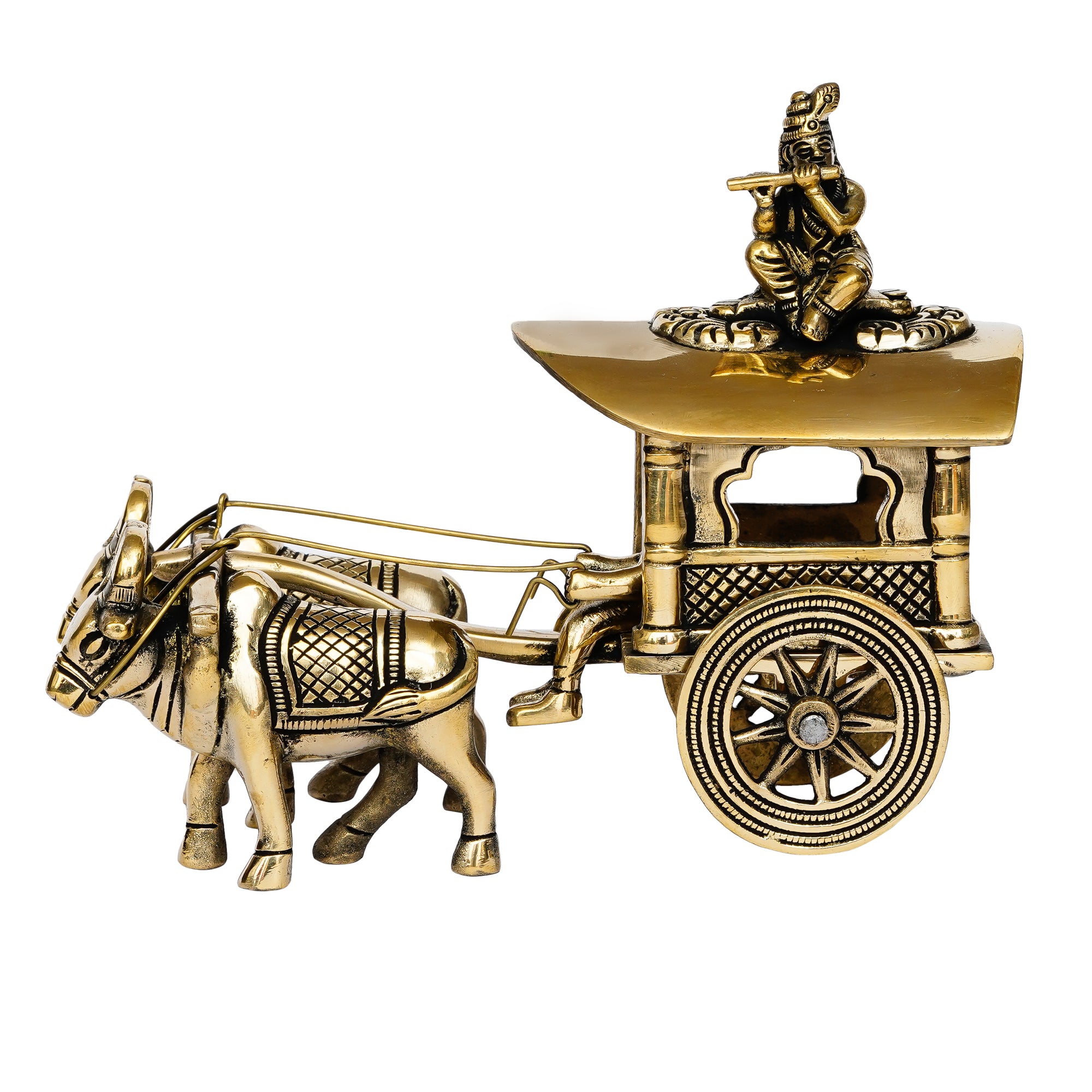 Golden Brass Lord Krishna Idol Sitting In Bullock Cart Showpiece 4
