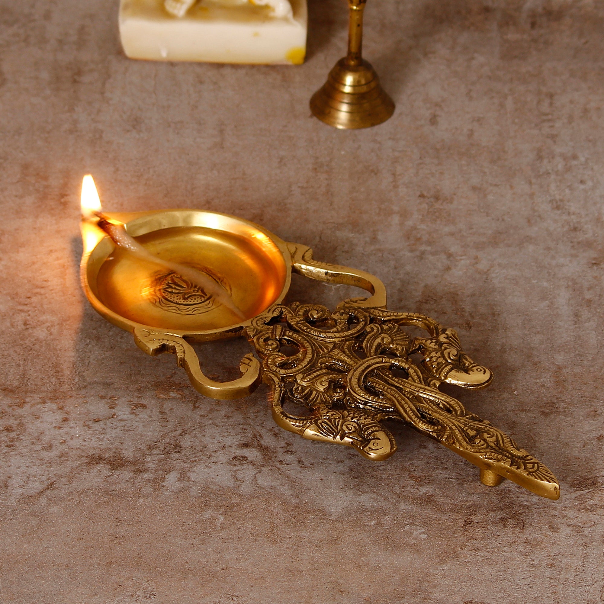 Golden Ethnic Carved 11 Inch Brass Diya for Pooja Room and Temple/Mandir