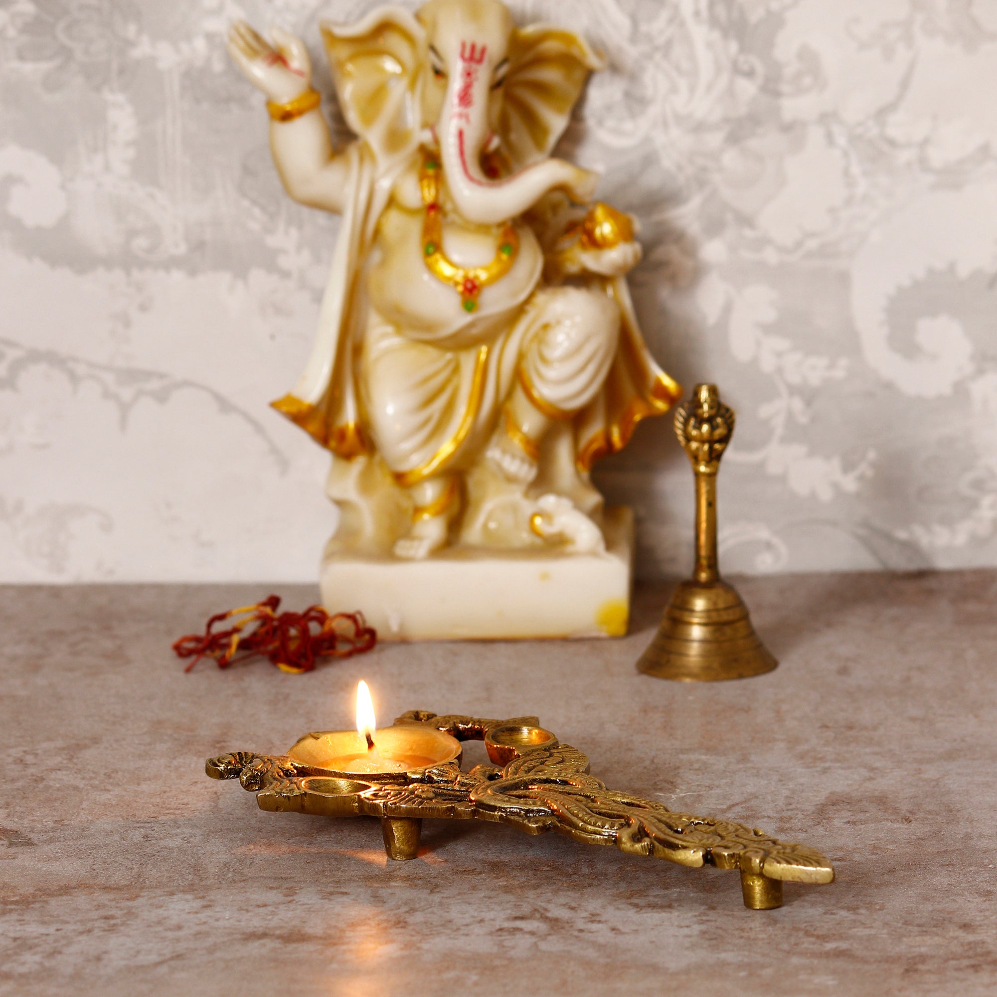 Golden Ethnic Carved Brass Diya With Handle For Pooja Room And Temples 2