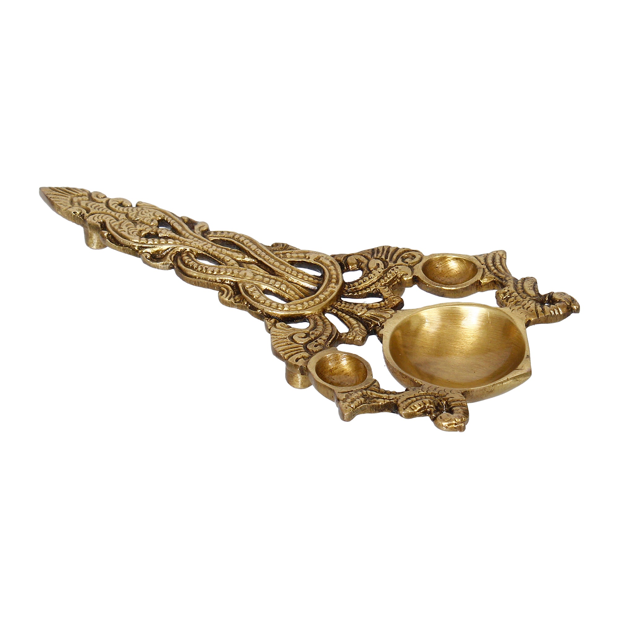 Golden Ethnic Carved Brass Diya With Handle For Pooja Room And Temples 4