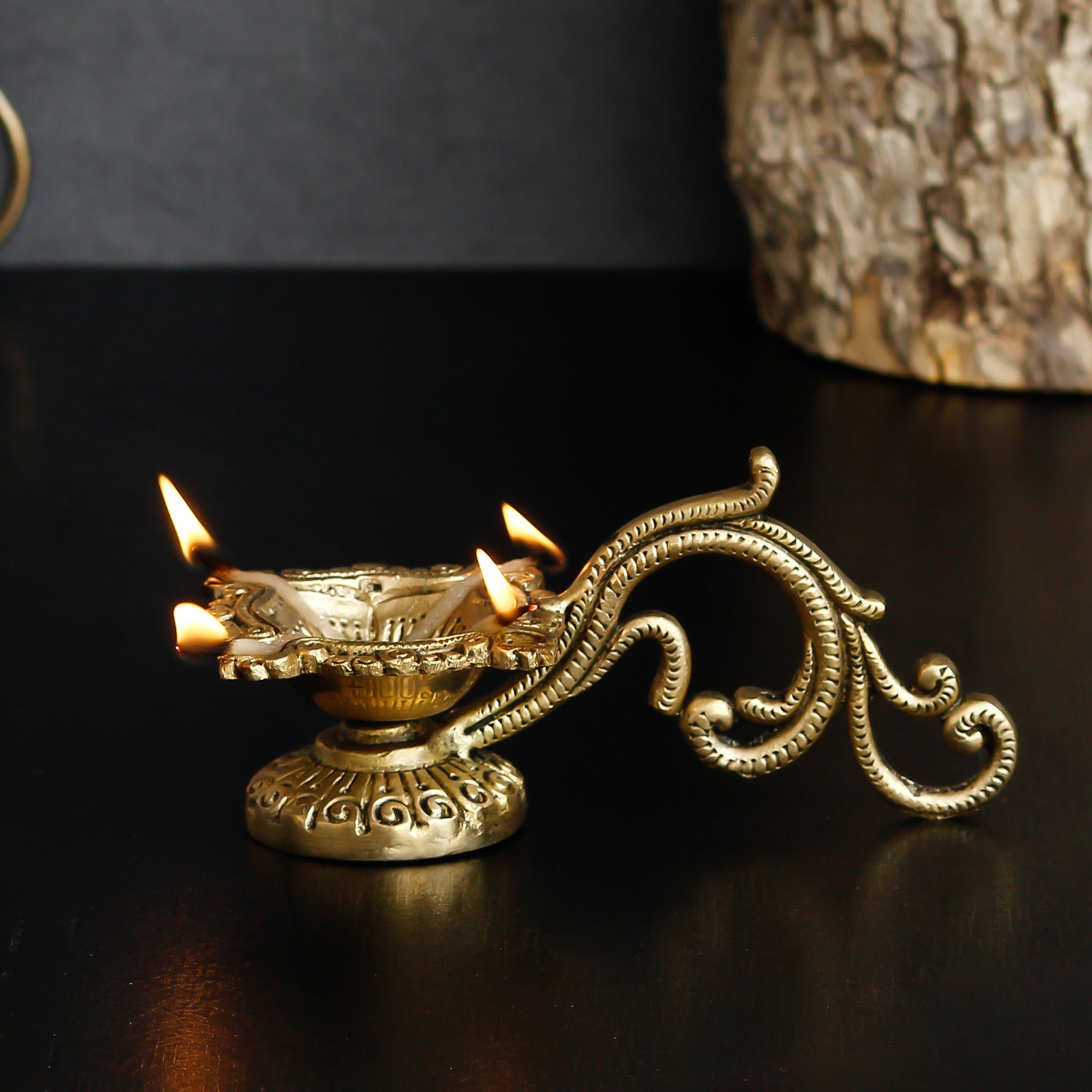 Ethnic Carved Brass Diya with 4 Wicks for Pooja Room and Temple 1