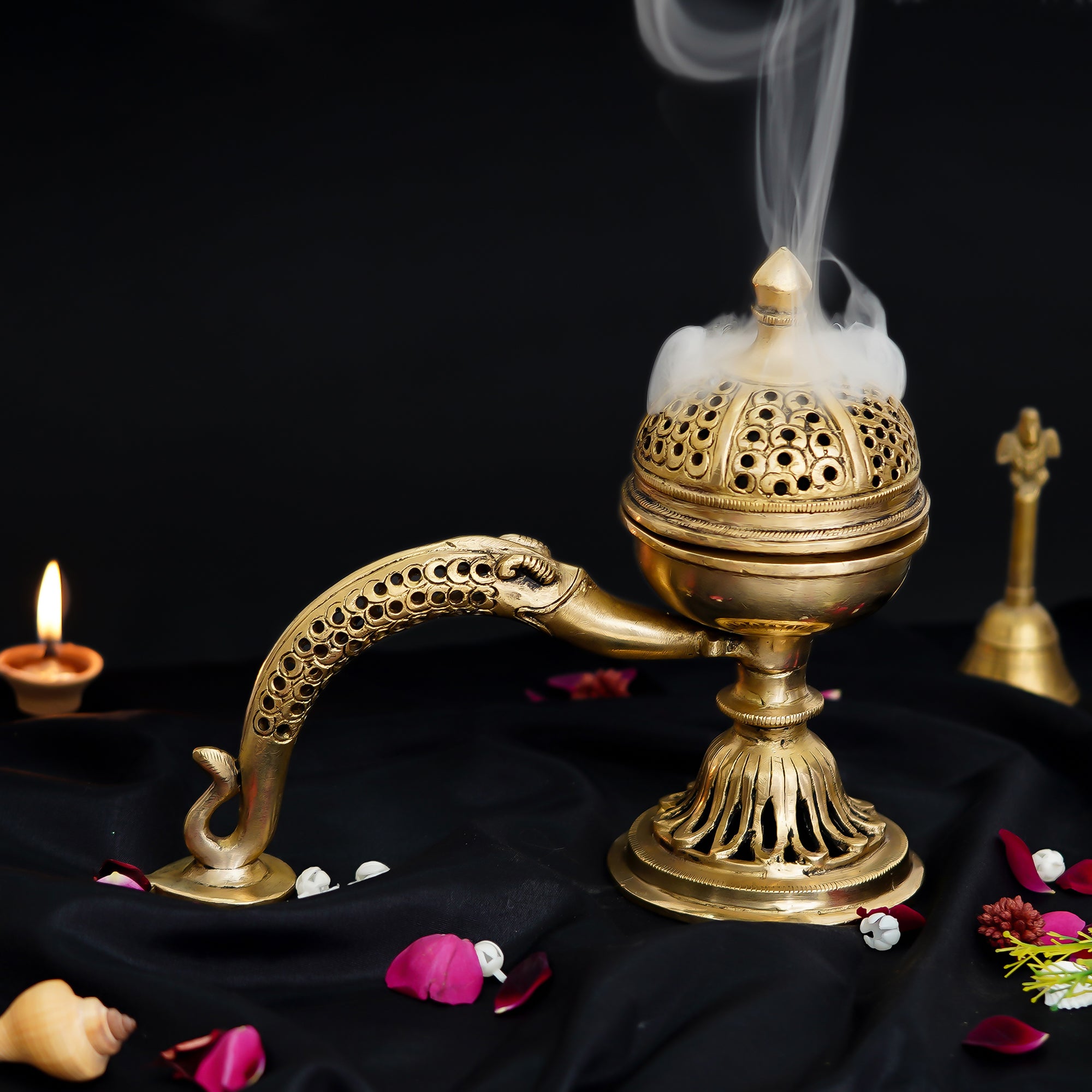 Golden Antique Finish Brass Dhoop Incense Burner with Handle for Pooja Purpose