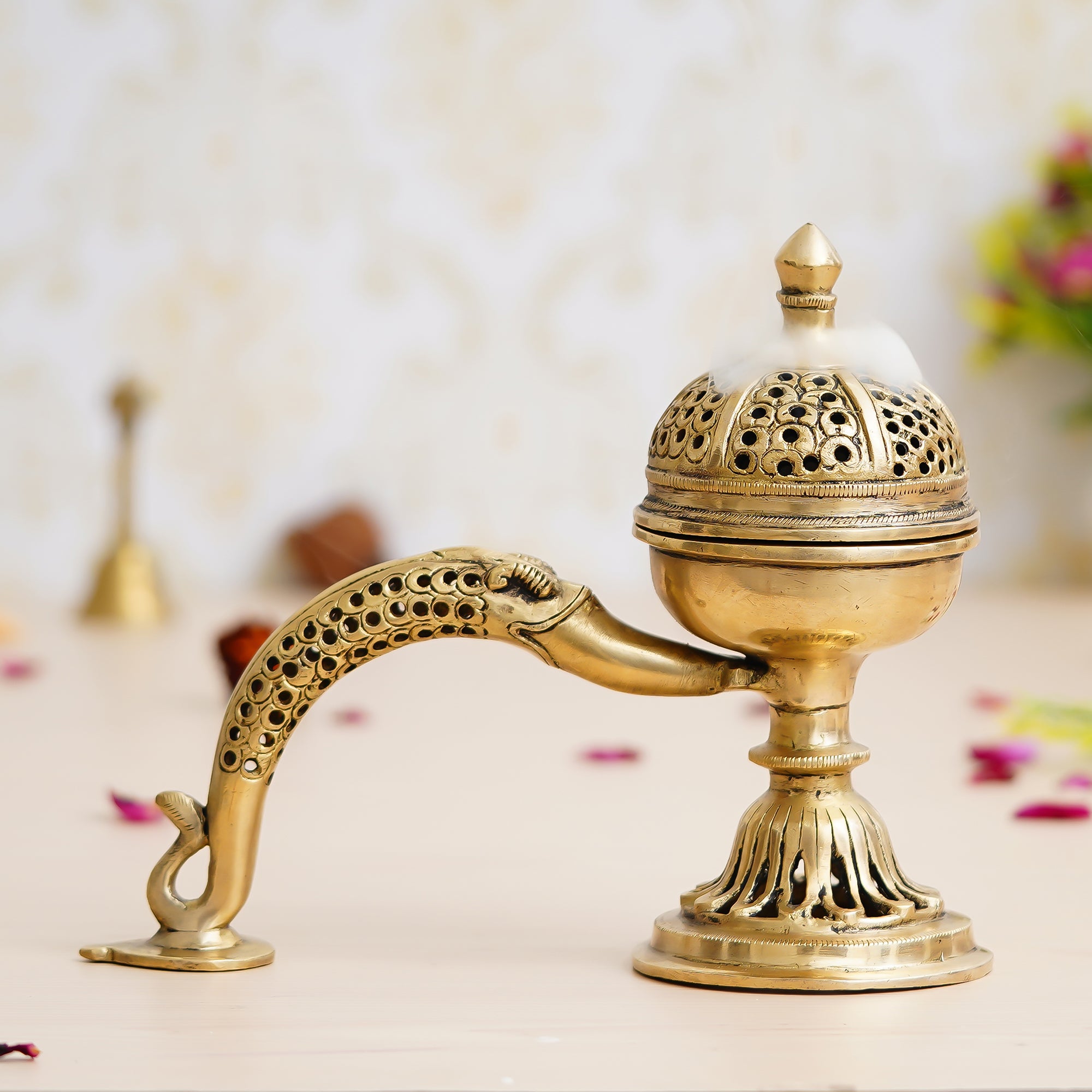 Golden Antique Finish Brass Dhoop Incense Burner with Handle for Pooja Purpose 1