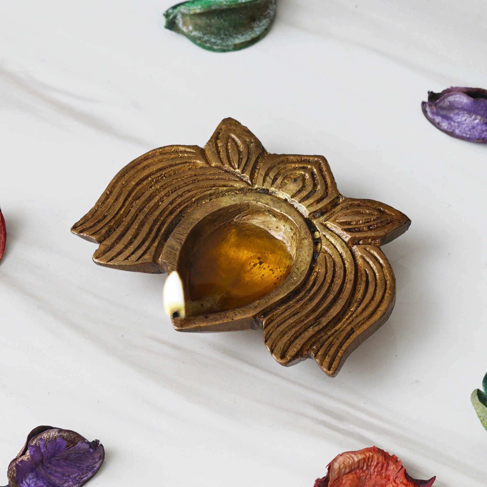 eCraftIndia Traditional Golden Designer Lotus Shaped Brass Diya 4