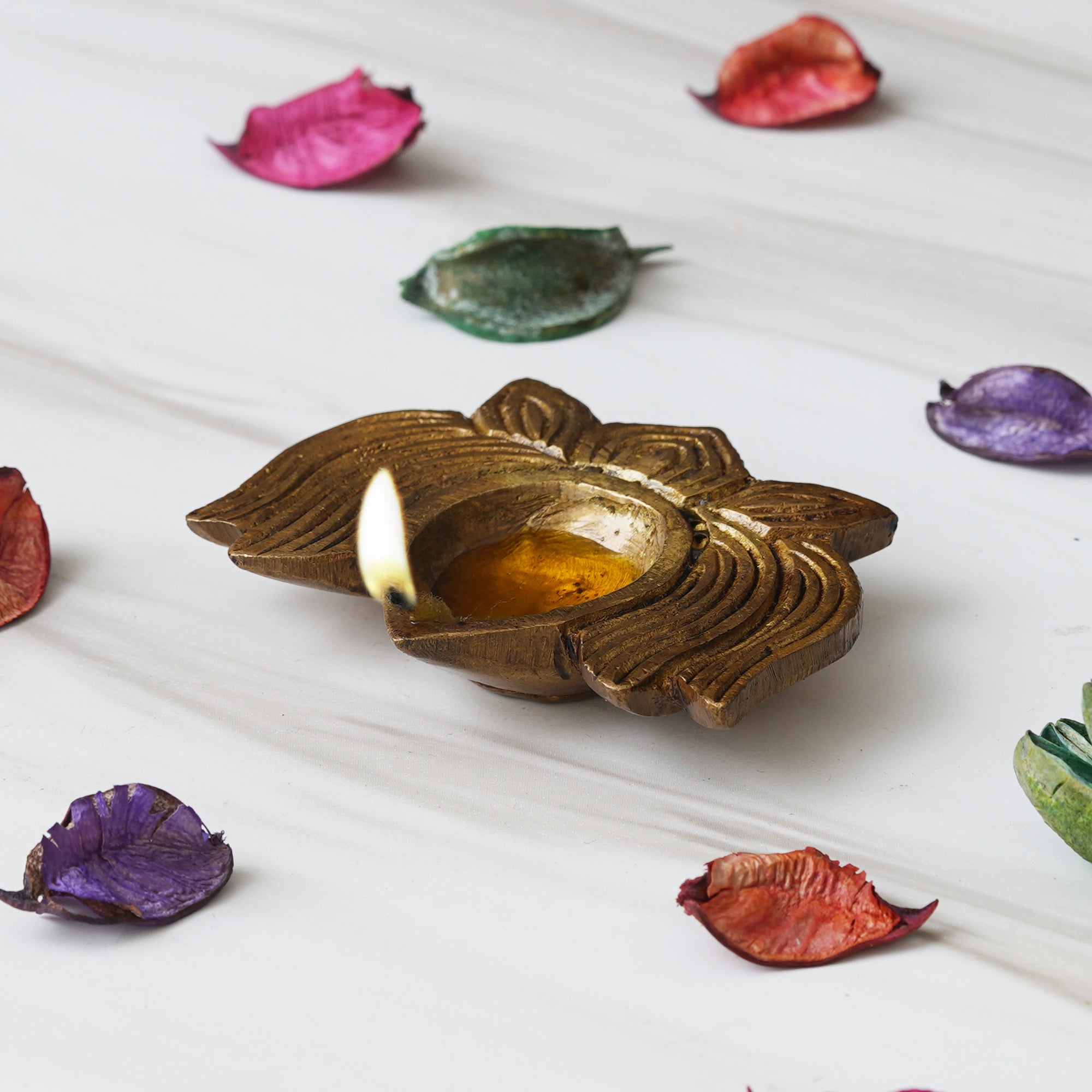 eCraftIndia Traditional Golden Designer Lotus Shaped Brass Diya 5