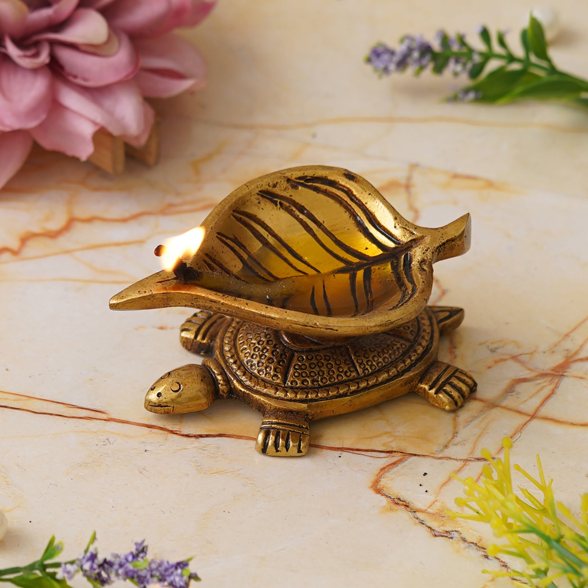 eCraftIndia Golden Handcrafted Tortoise Statue Leaf Design Decorative Brass Diya