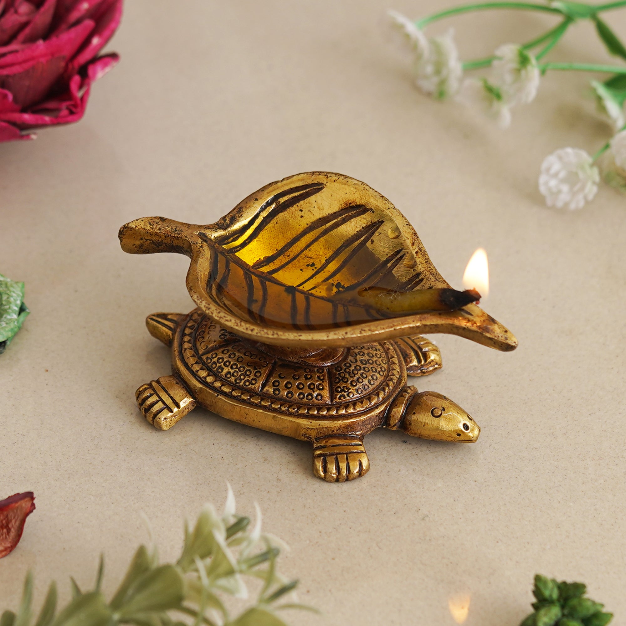 eCraftIndia Golden Handcrafted Tortoise Statue Leaf Design Decorative Brass Diya 1