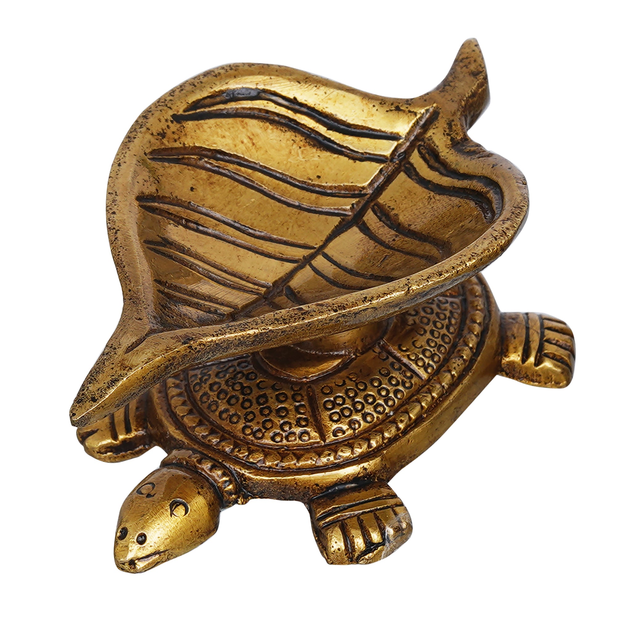 eCraftIndia Golden Handcrafted Tortoise Statue Leaf Design Decorative Brass Diya 2