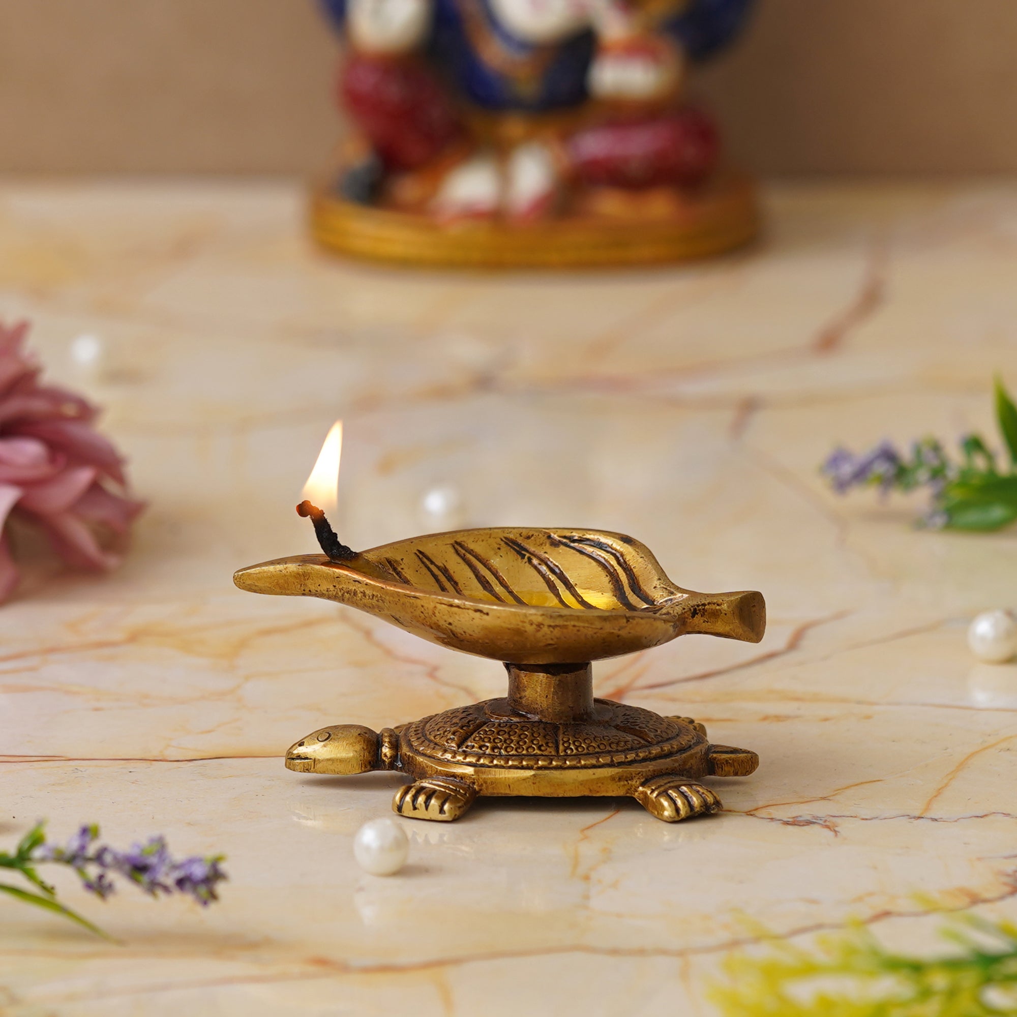 eCraftIndia Golden Handcrafted Tortoise Statue Leaf Design Decorative Brass Diya 4