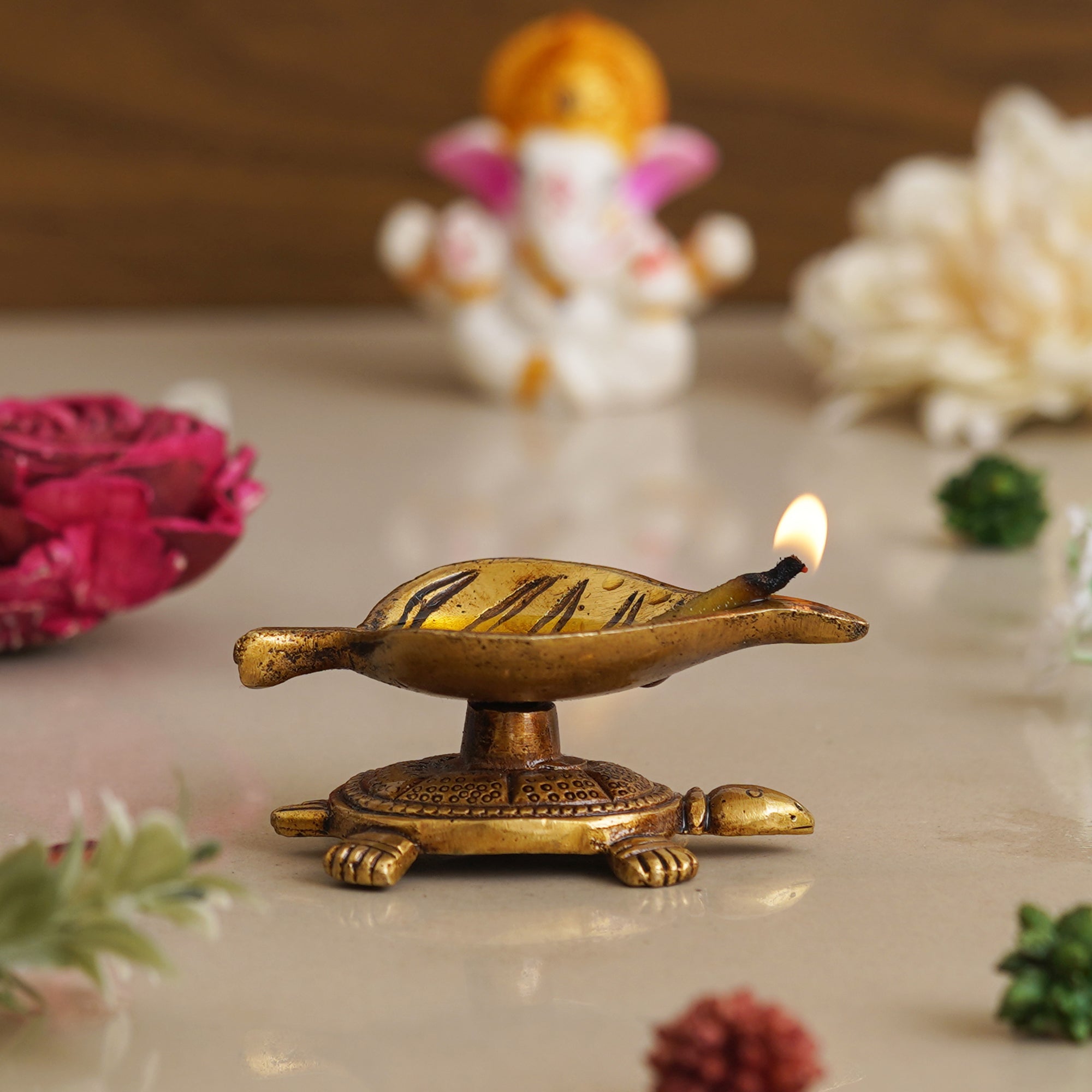 eCraftIndia Golden Handcrafted Tortoise Statue Leaf Design Decorative Brass Diya 5