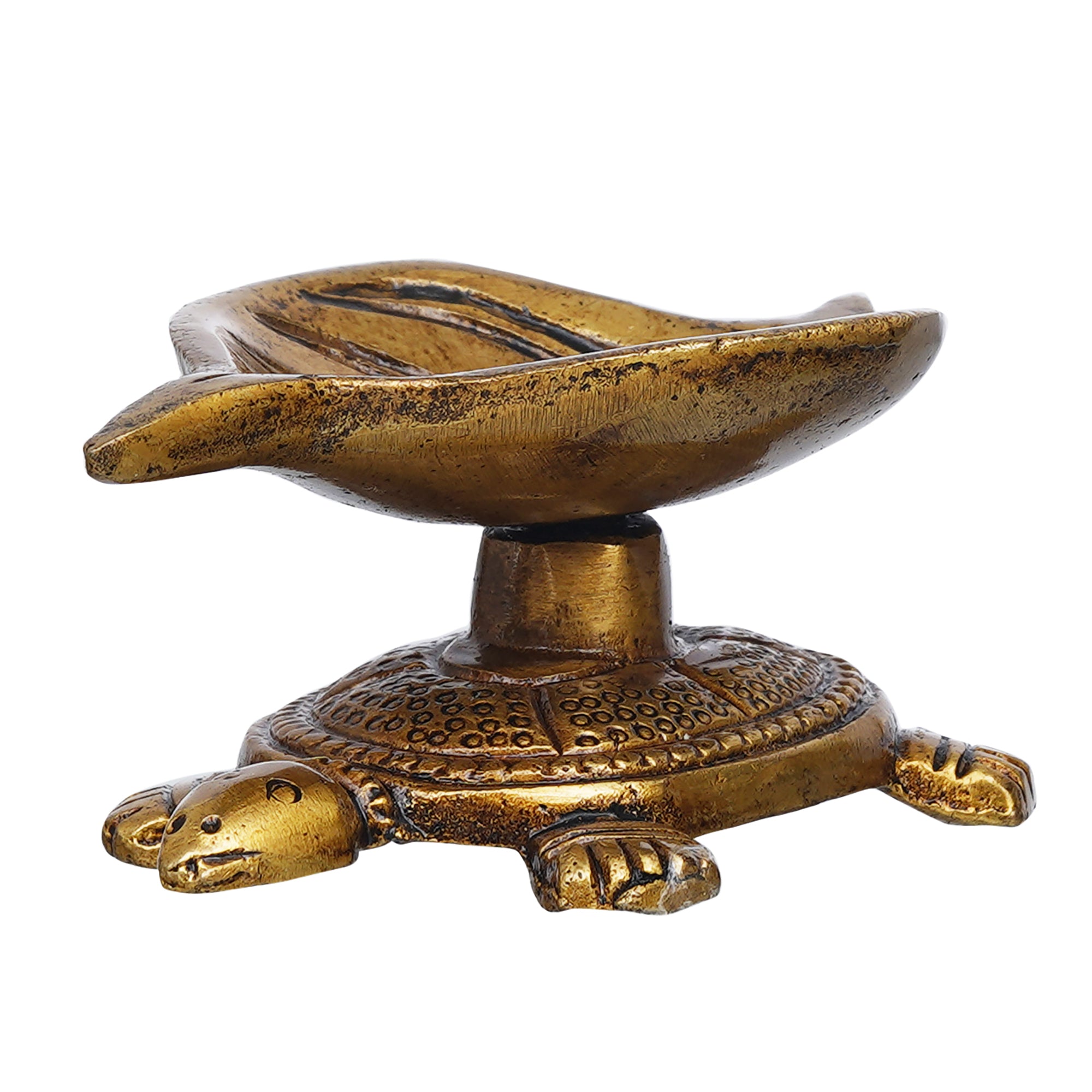 eCraftIndia Golden Handcrafted Tortoise Statue Leaf Design Decorative Brass Diya 6