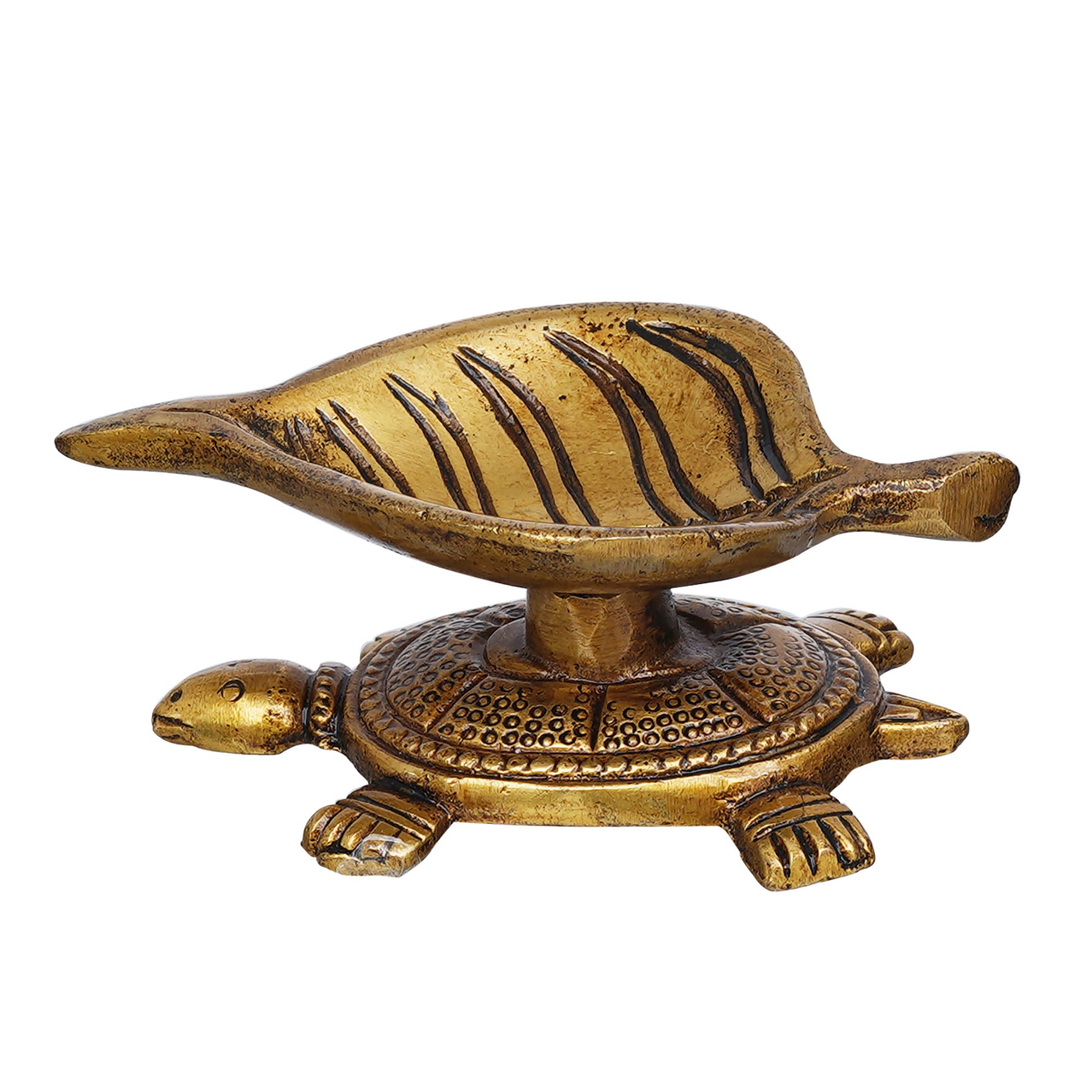 eCraftIndia Golden Handcrafted Tortoise Statue Leaf Design Decorative Brass Diya 7