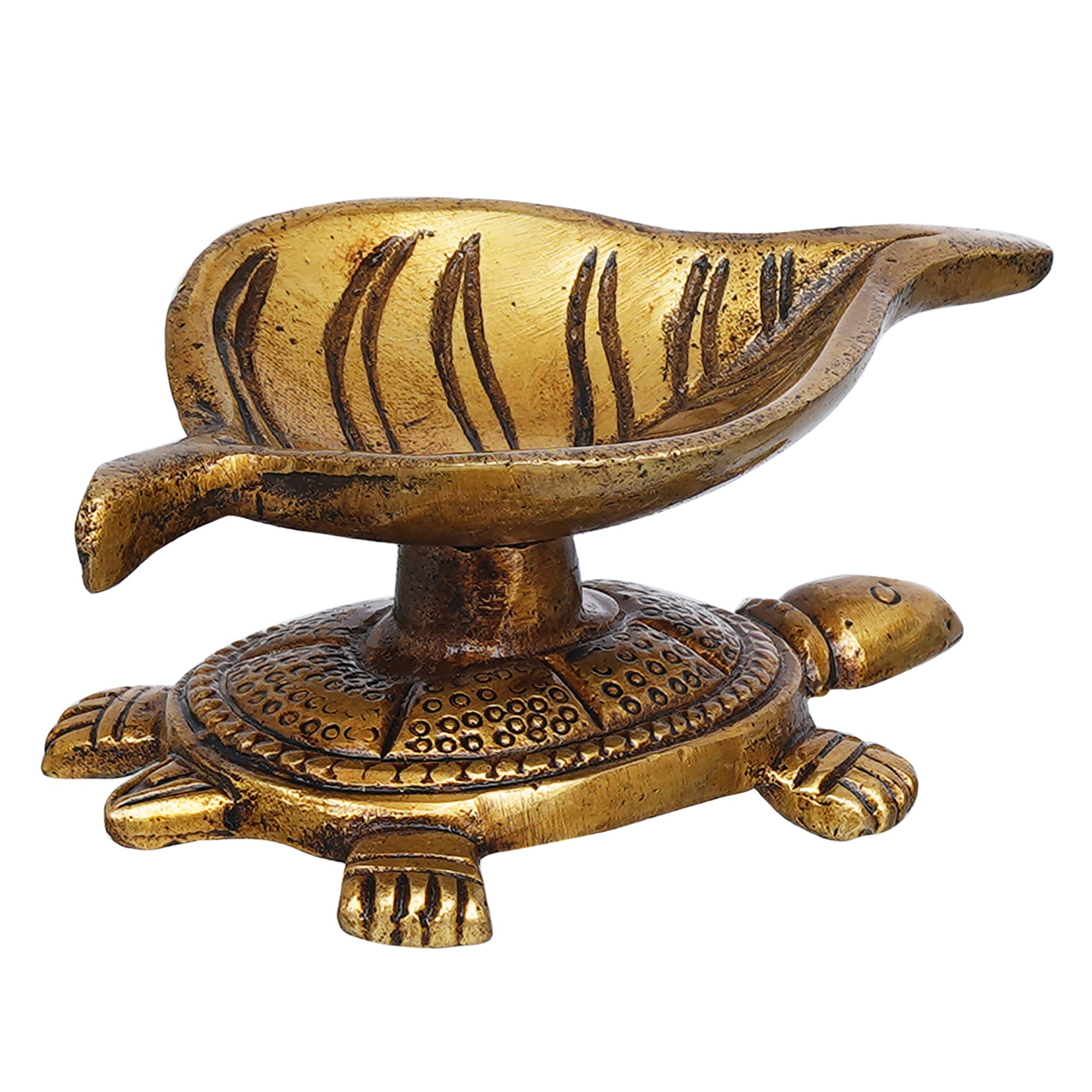 eCraftIndia Golden Handcrafted Tortoise Statue Leaf Design Decorative Brass Diya 8