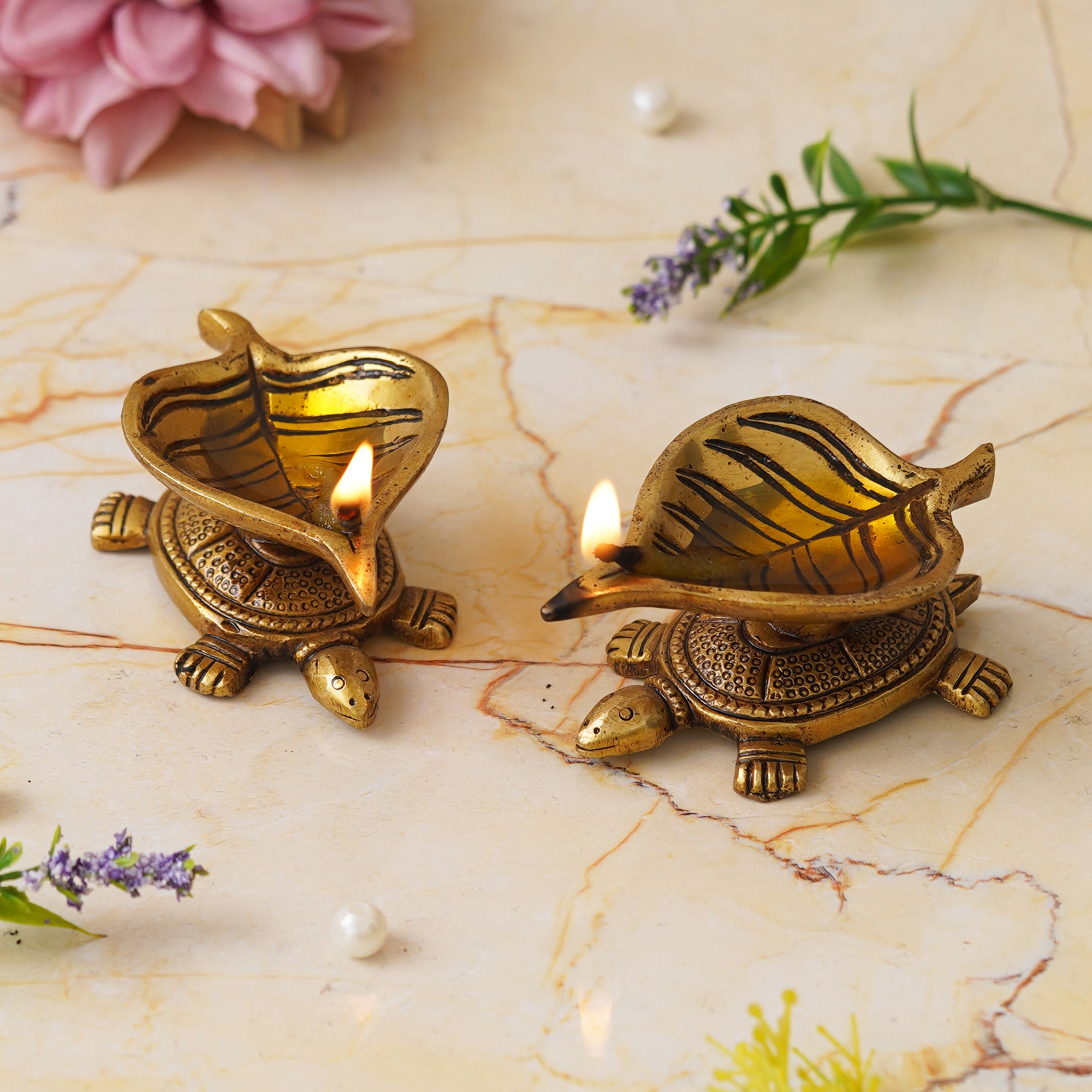 eCraftIndia Set of 2 Golden Handcrafted Tortoise Statue Leaf Design Decorative Brass Diya