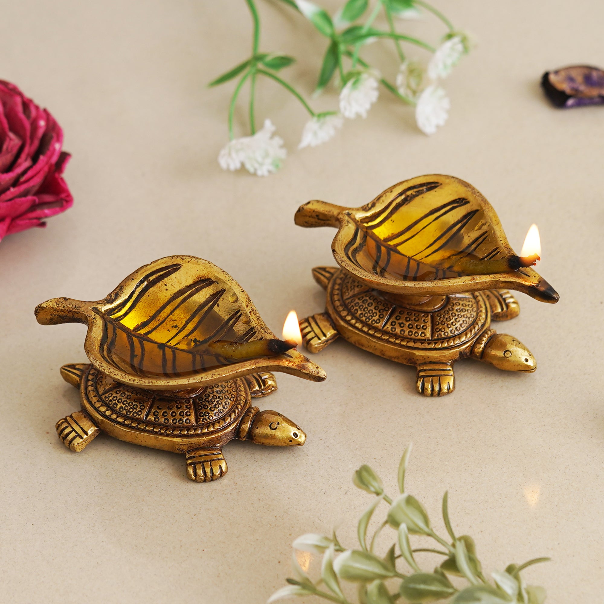 eCraftIndia Set of 2 Golden Handcrafted Tortoise Statue Leaf Design Decorative Brass Diya 1