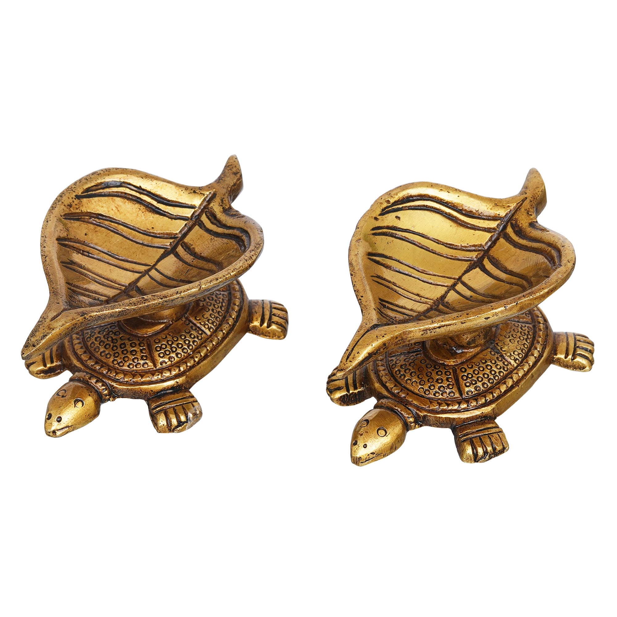 eCraftIndia Set of 2 Golden Handcrafted Tortoise Statue Leaf Design Decorative Brass Diya 2