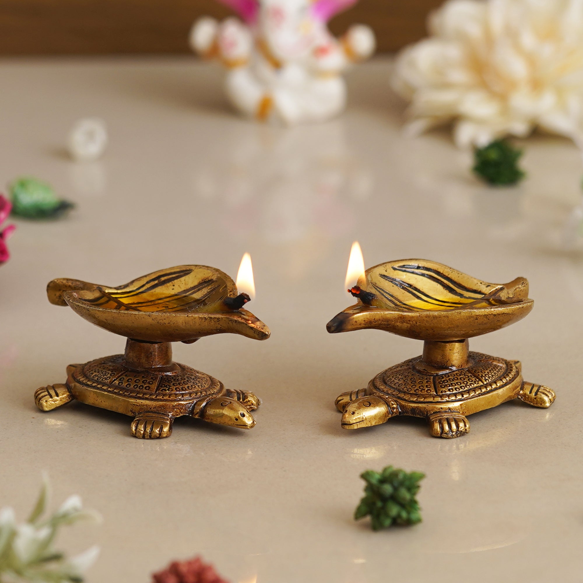 eCraftIndia Set of 2 Golden Handcrafted Tortoise Statue Leaf Design Decorative Brass Diya 4