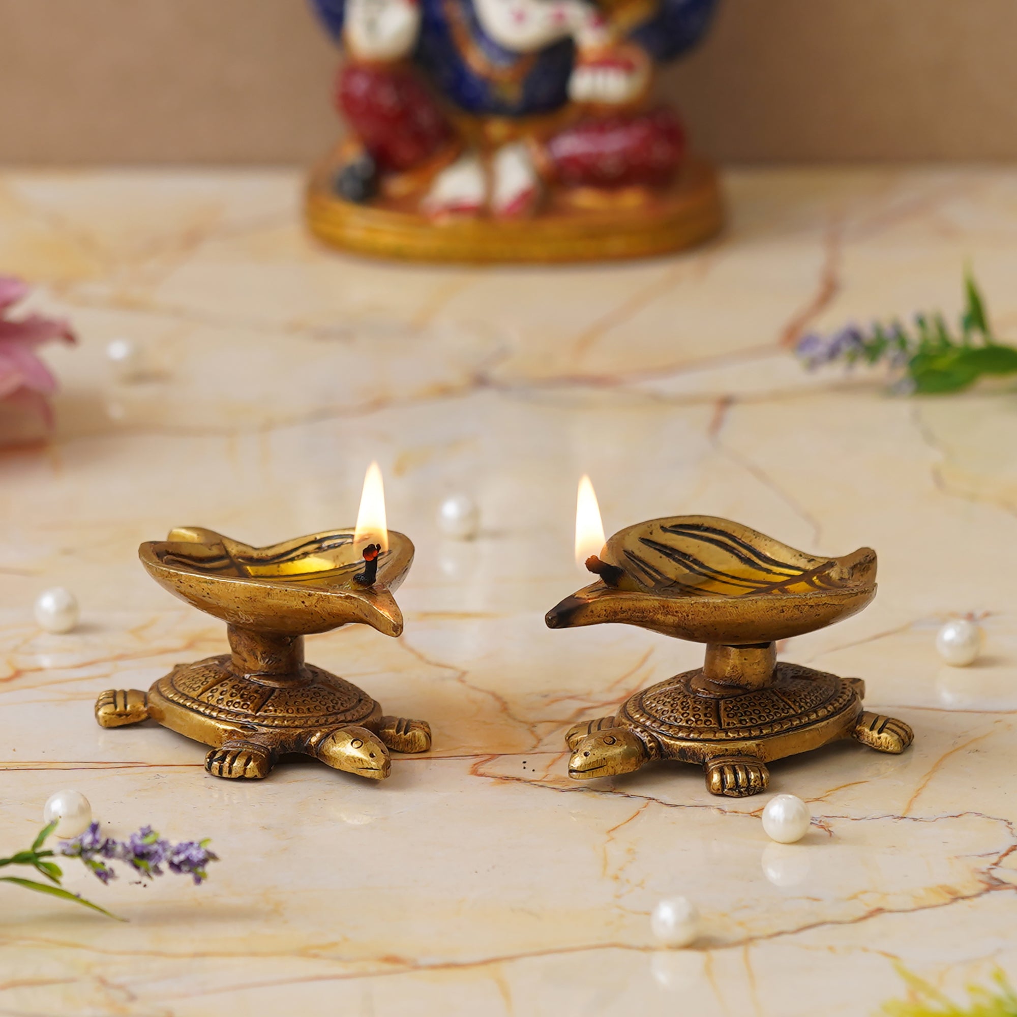 eCraftIndia Set of 2 Golden Handcrafted Tortoise Statue Leaf Design Decorative Brass Diya 5