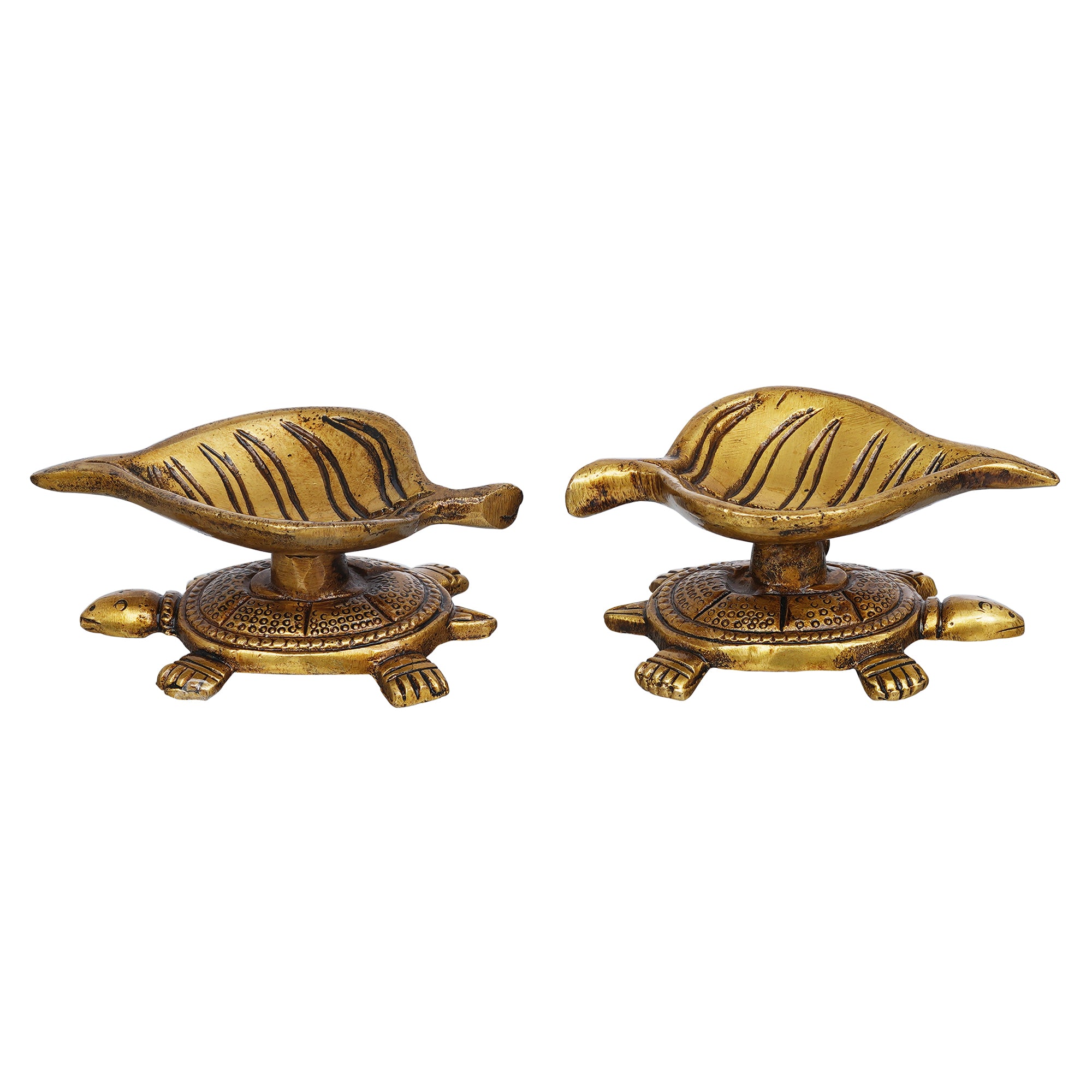 eCraftIndia Set of 2 Golden Handcrafted Tortoise Statue Leaf Design Decorative Brass Diya 6
