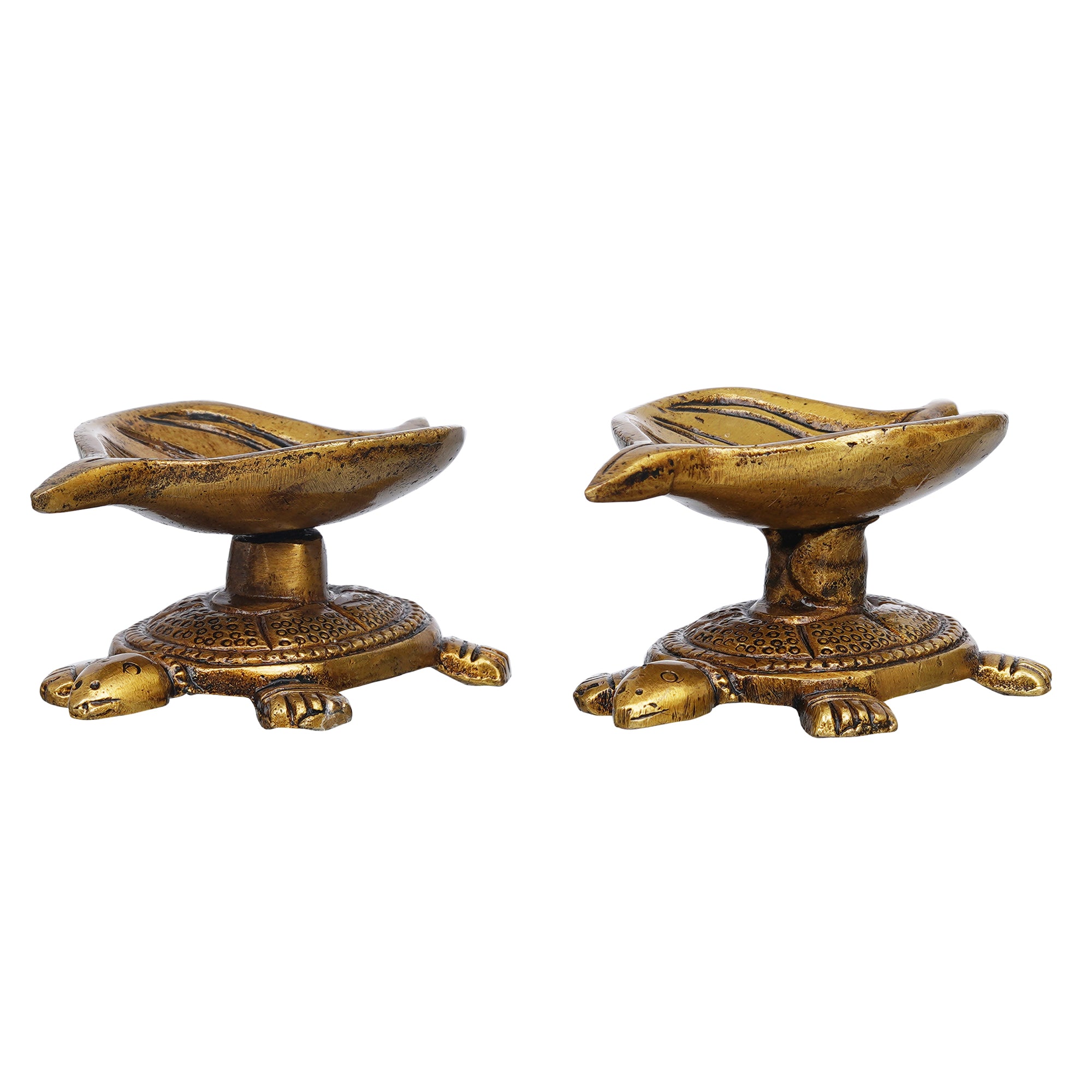 eCraftIndia Set of 2 Golden Handcrafted Tortoise Statue Leaf Design Decorative Brass Diya 7