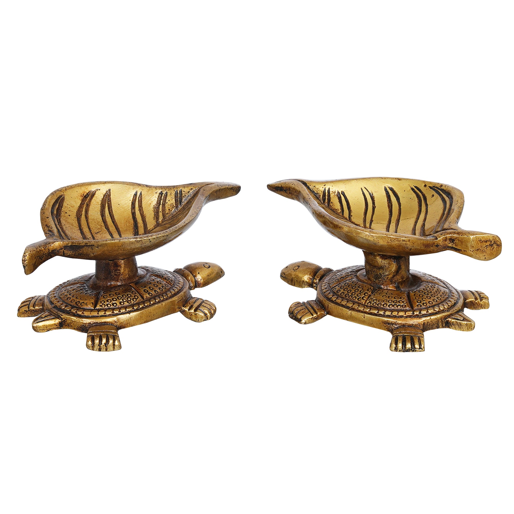 eCraftIndia Set of 2 Golden Handcrafted Tortoise Statue Leaf Design Decorative Brass Diya 8