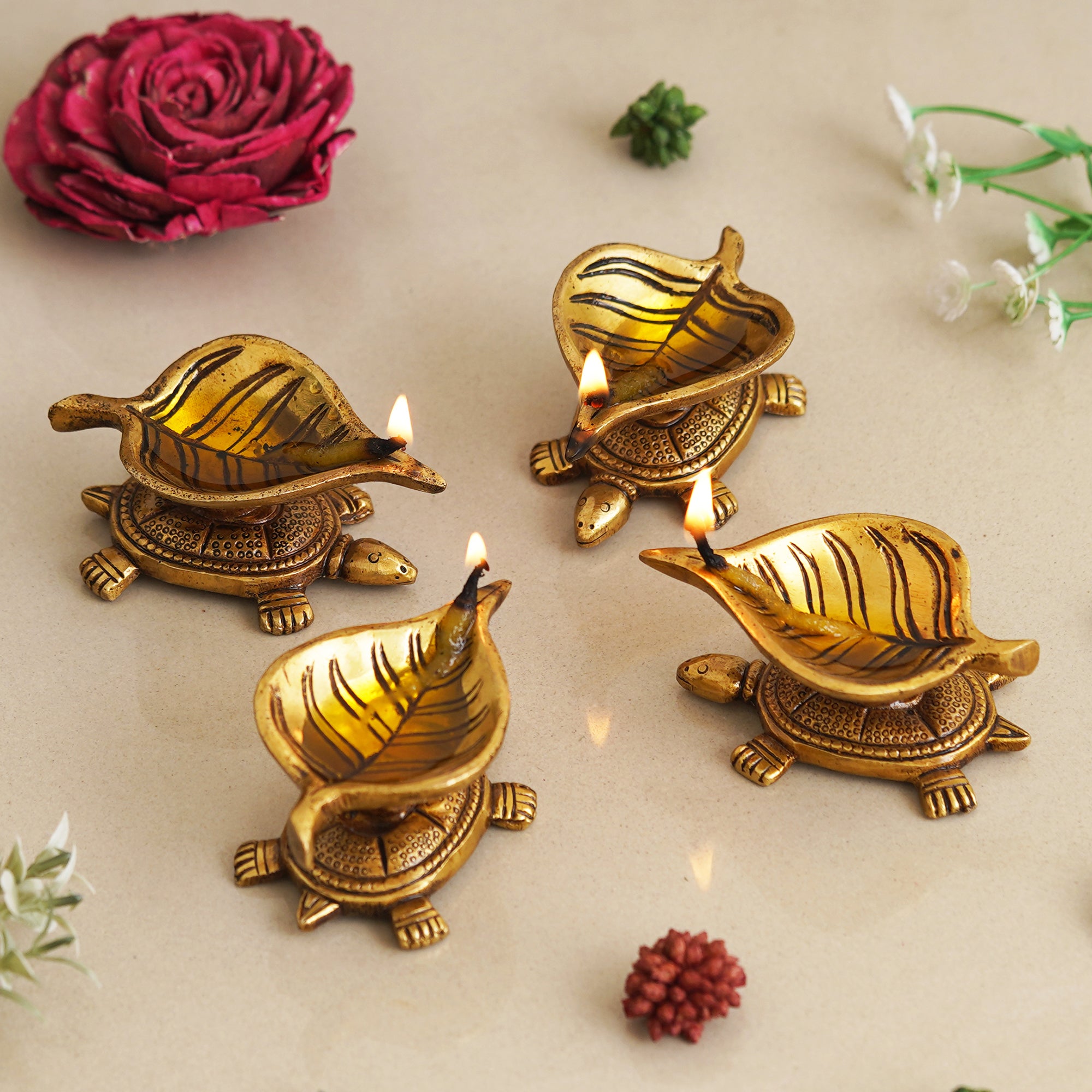 eCraftIndia Set of 4 Golden Handcrafted Tortoise Statue Leaf Design Decorative Brass Diya