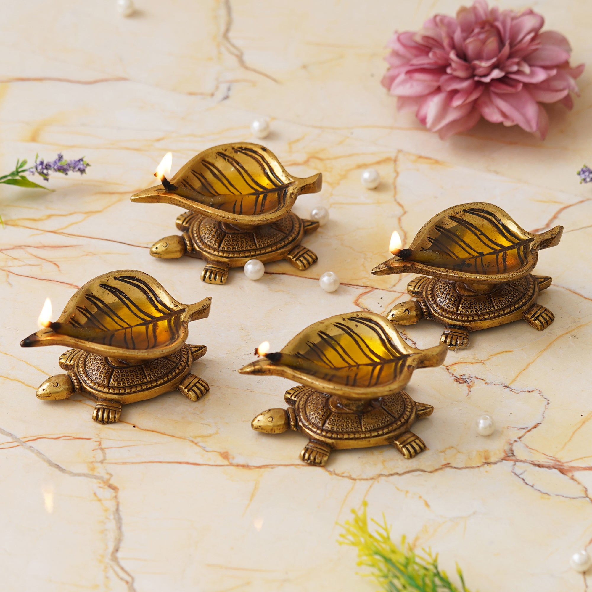 eCraftIndia Set of 4 Golden Handcrafted Tortoise Statue Leaf Design Decorative Brass Diya 1