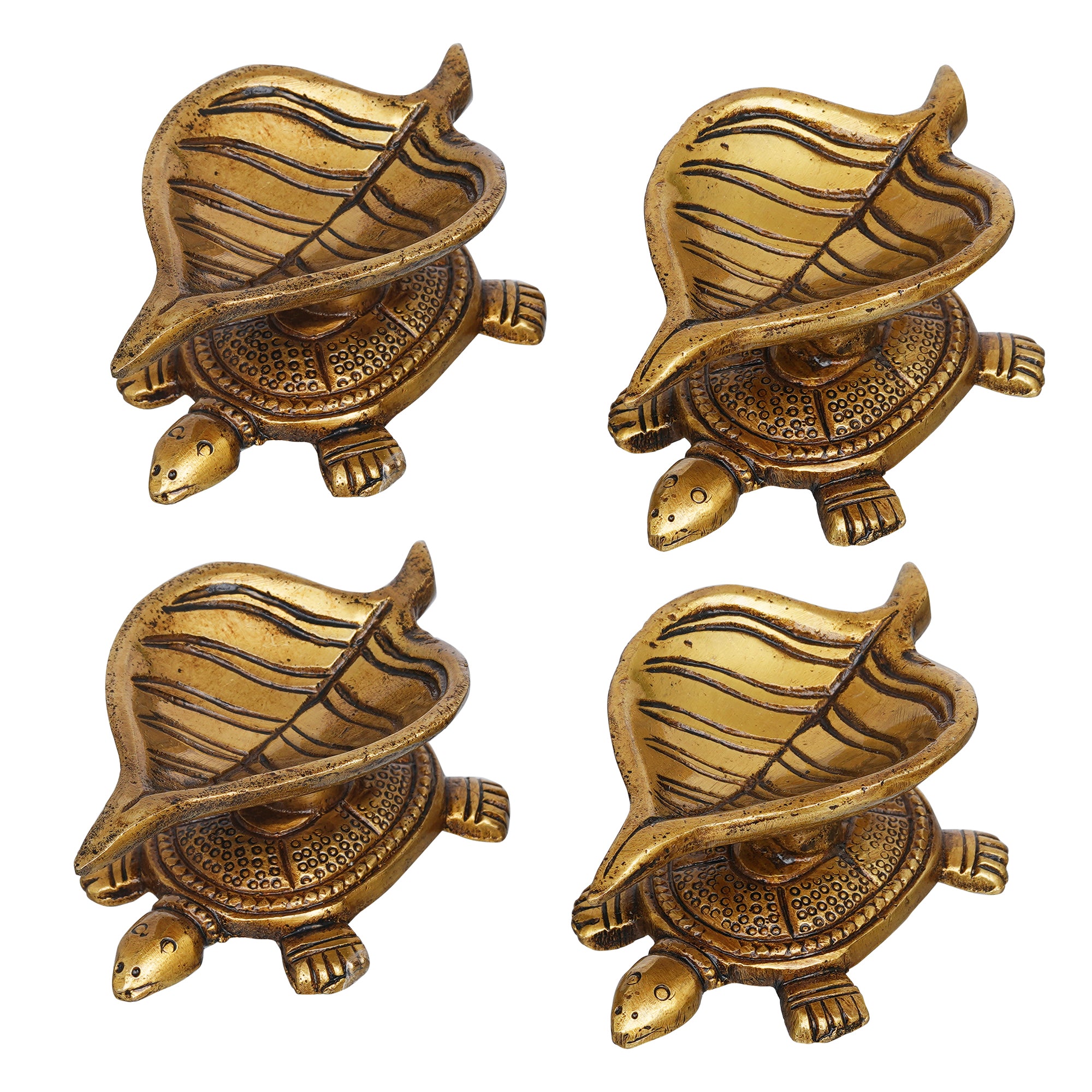 eCraftIndia Set of 4 Golden Handcrafted Tortoise Statue Leaf Design Decorative Brass Diya 2